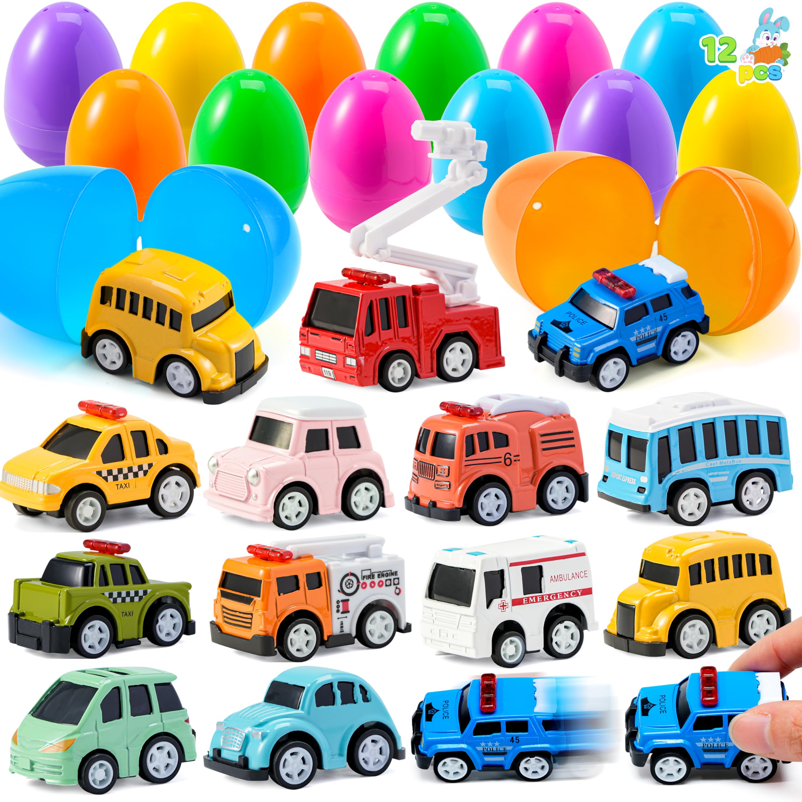 JOYIN 12 Pcs Prefilled Easter Eggs with Toys, Plastic Eggs with Cute Pull Back Cars, Easter Basket Stuffers, Party Favors for Kids, Classroom Prize Supplies