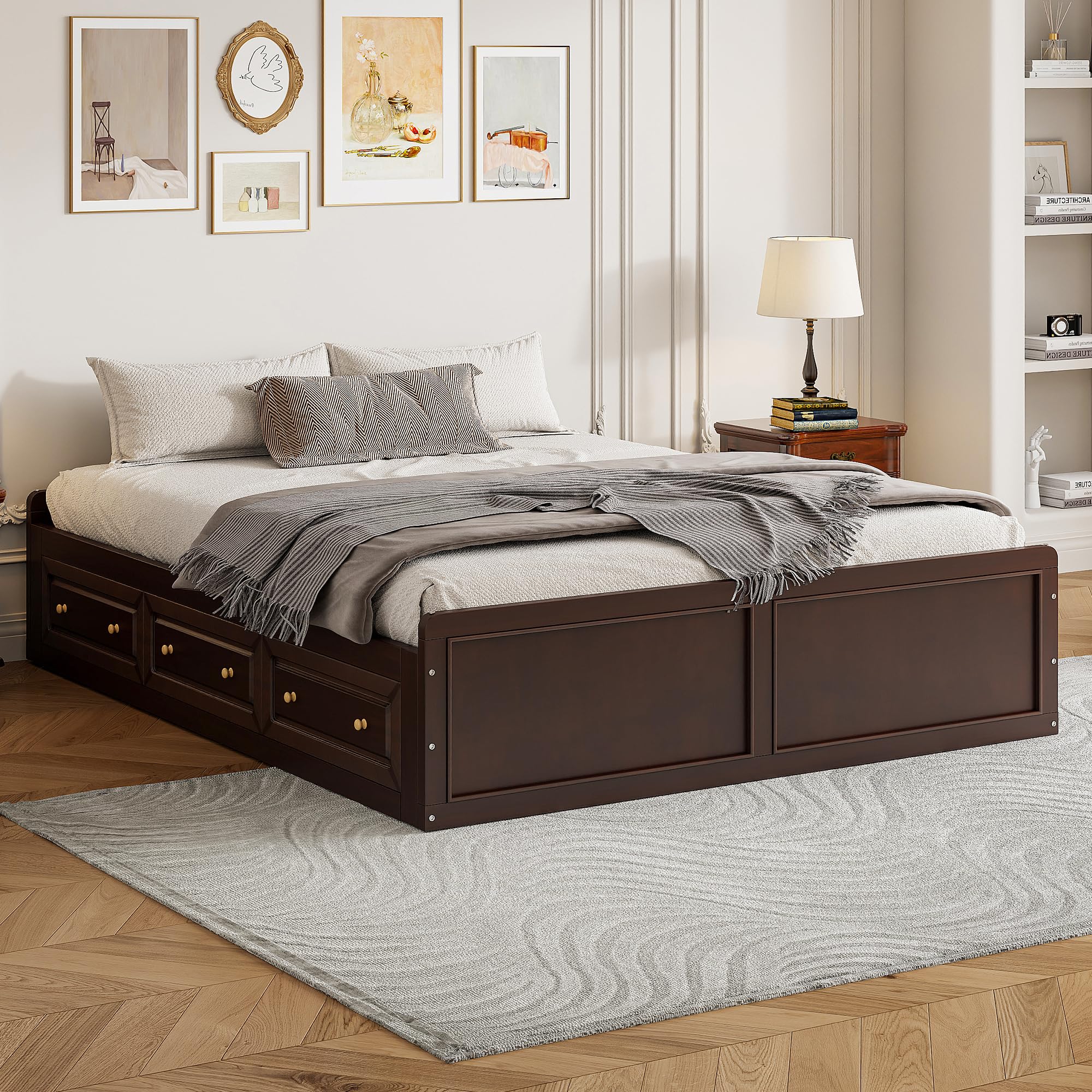 Merax Queen Size Wood Platform Bed Frame with 6 Storage Drawers in Espresso
