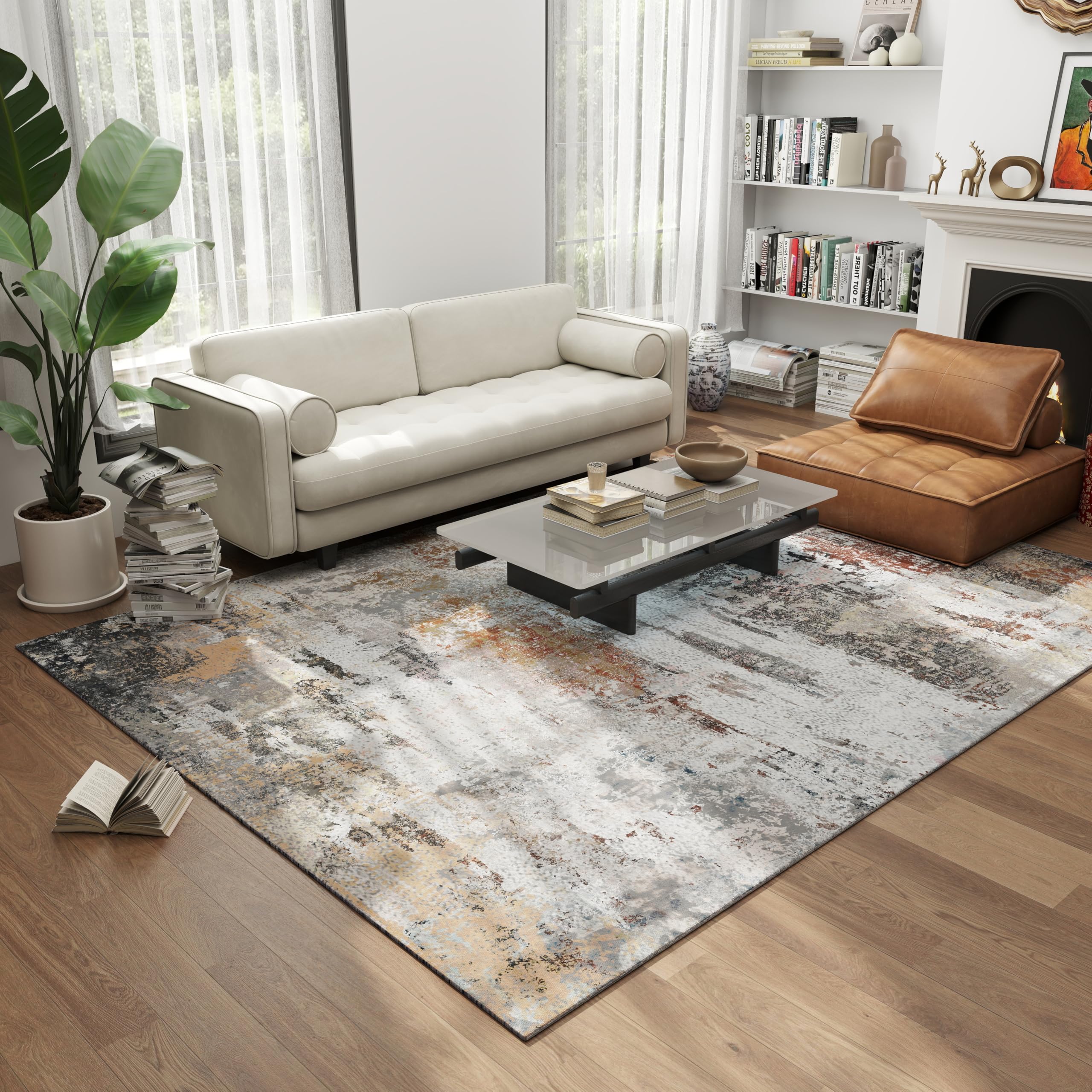 Teppich Wohnzimmer, Großer Teppich 160x230 Waschbar Kurzflor rutschfest Weich, Moderner Abstraktem Muster Teppiche für Schlafzimmer Kinderzimmer Büro Esszimmer, Grau Rost Beige