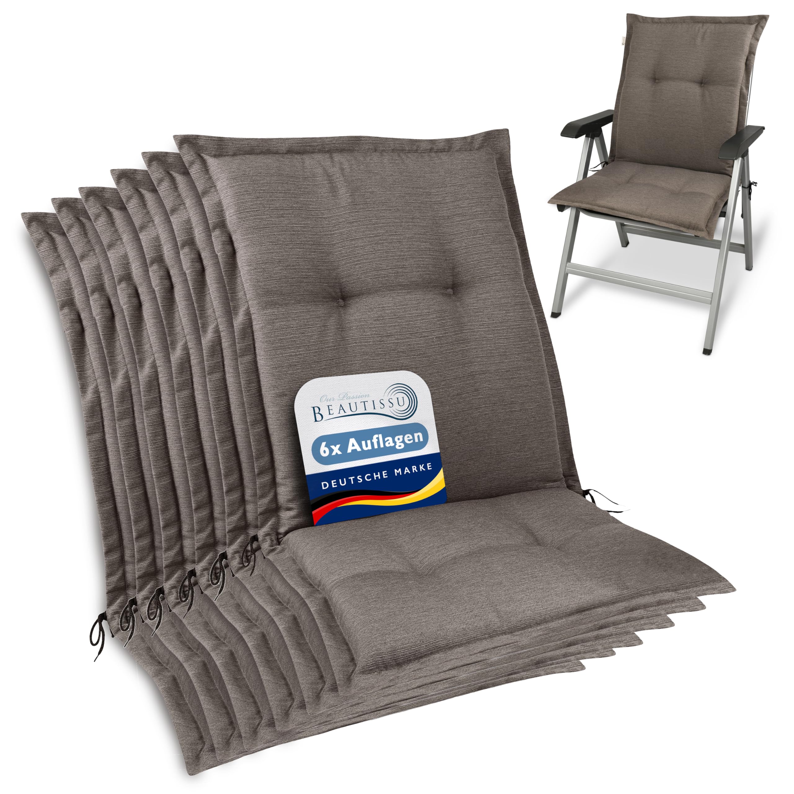 Beautissu Set of 6 Premium Low Back Garden Outdoor Chair Cushion 105x50 cm - 7 cm Thick Taupe Seat Cushions for Garden Chairs Rattan - Durable Fabric 200g/m² & UV-lightfastness - HighLux NL