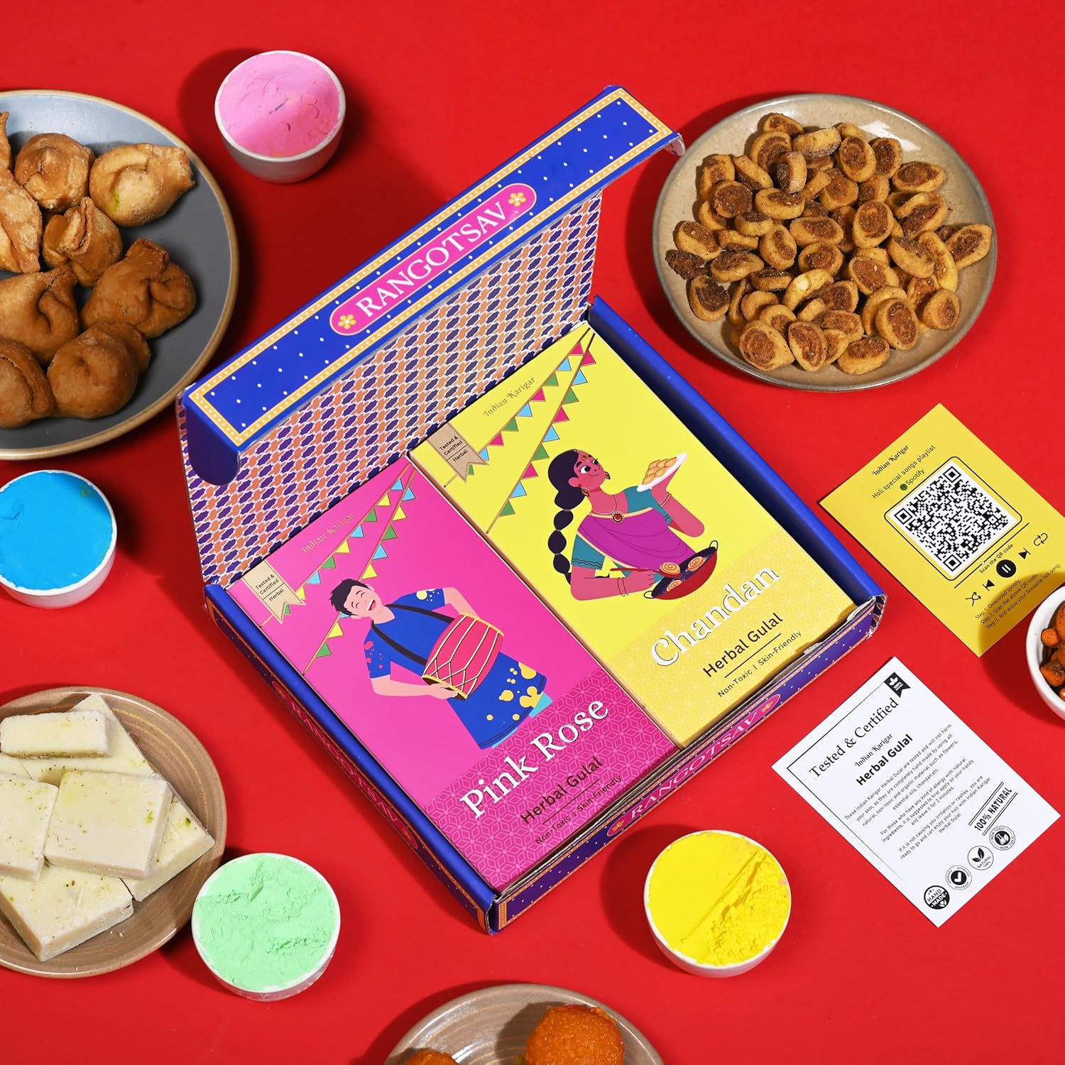 Rangotsav Holi Box 2026 | 6 Premium Holi Items | Herbal Gulal Organic Holi Colour | 160g| Non Toxic Skin Safe Holi Colors 2 × 80g | Holi Song Card | Holi Gifts (Pack of 1 Box)