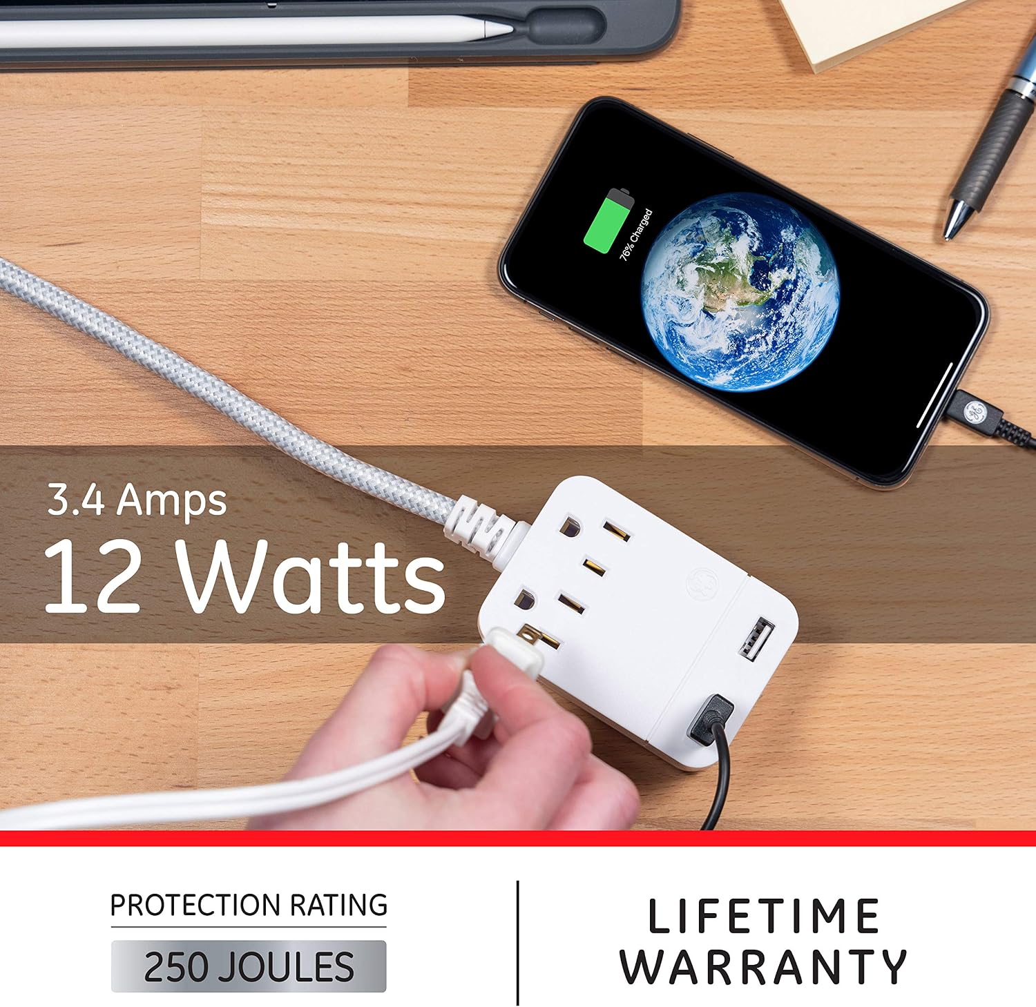 GE 2 Outlet 2 USB Surge Protector, 12W/2.4A Total USB, 10 ft Braided Extension Cord, Flat Plug, for iPhone 11/Pro/Max/XS/XR/X/8, iPad Pro, Samsung Galaxy, Google Pixel, 250 Joules, White/Gray, 38432