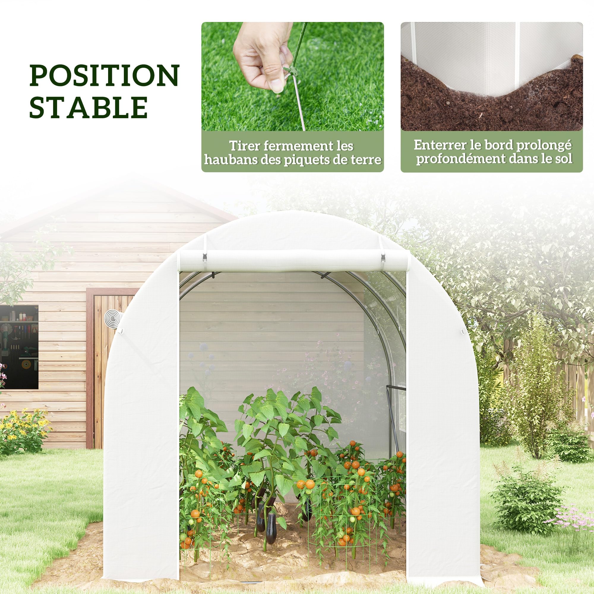 Outsunny Serre de Jardin 6 m² 3 x 2 m avec 1 Porte + 2 parois latérales zippées enroulables, 6 fenêtres, Acier galvanisé PE Haute densité 140 g/m² Anti-UV Blanc