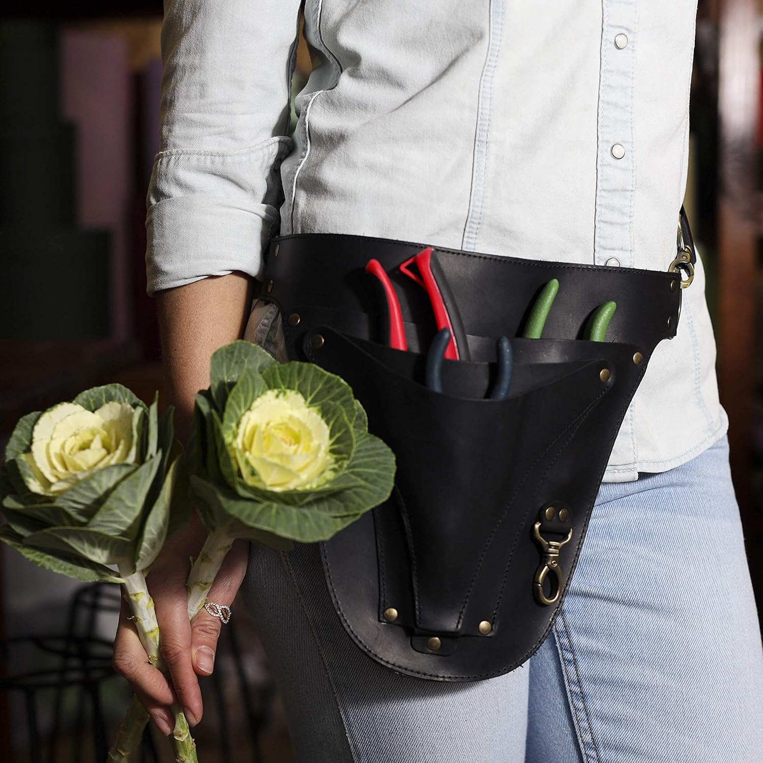 Leather Florist Tool Belt Bag for Gardening Farmer Tools Holster Pouch Small Carpenter Electrician Organizer (Black)