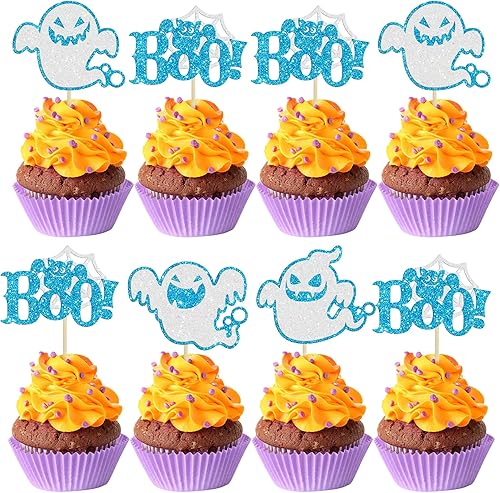 Miniatura 69 de Ephlyn 24 adornos para cupcakes de Halloween con purpurina para Halloween, murciélagos, calabaza, fantasma, decoración de cupcakes para temática