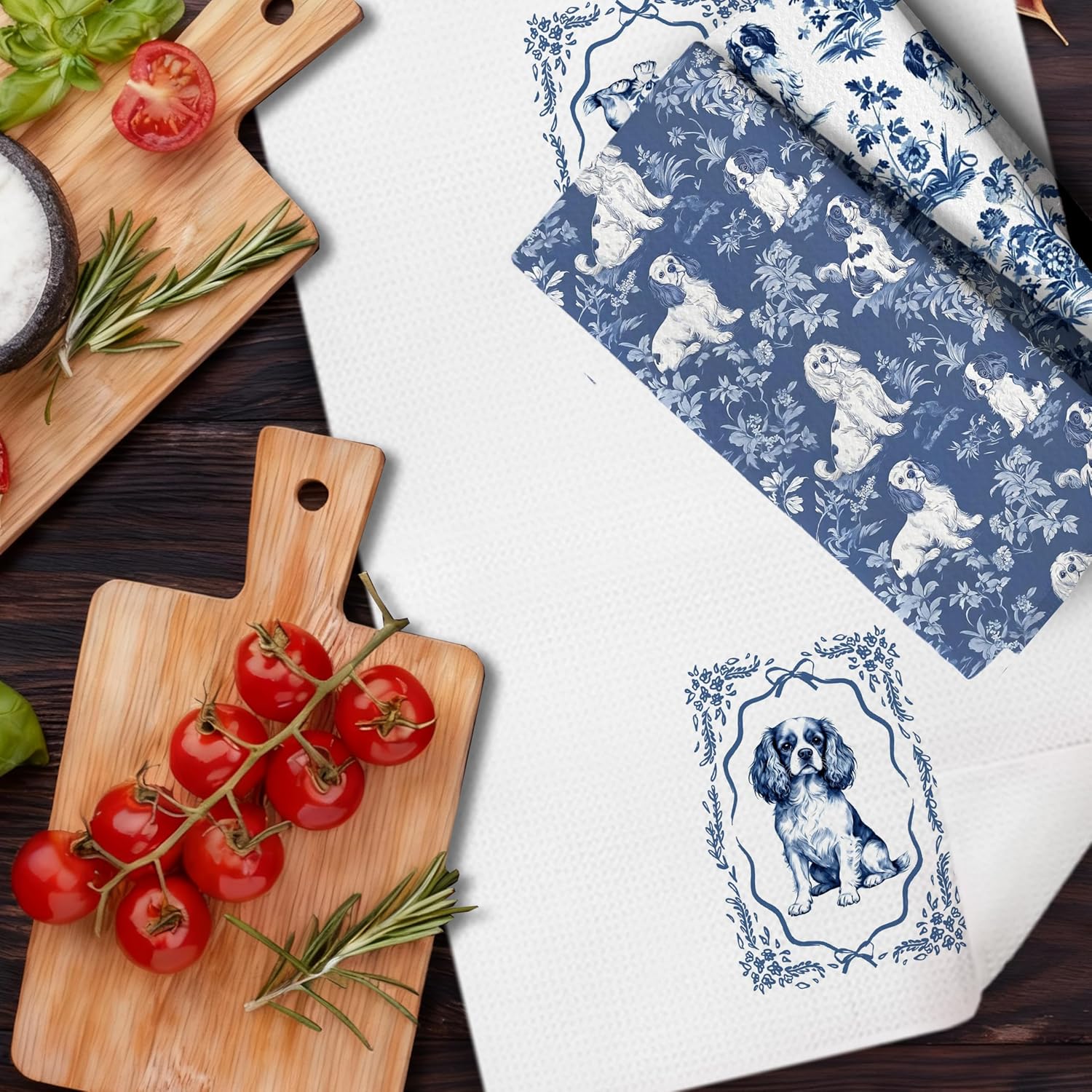 Chinoiserie Cavalier King Charles Spaniel Kitchen Dish Towels, King Cavalier Charles Gifts, Blue and White Chinoiserie Weiner Dog Decor Hand Towels for Bathroom Kitchen, 16x24 Inches Set of 3 - Image 6