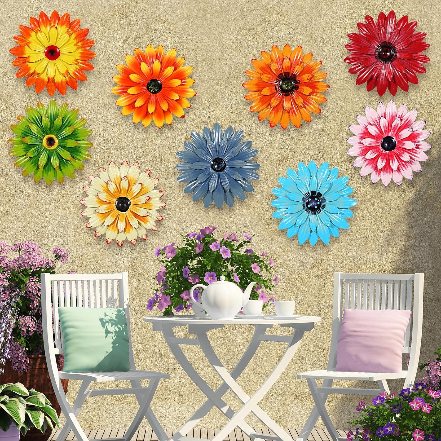 Therwen 9 Pcs Metal Flowers Outdoor Decor 3D Daisy Wall Art 8 Inch Multiple Layer Boho Hanging Large Rustic Wall Flower Decorations for Garden Fence Patio Living Room Home Farmhouse