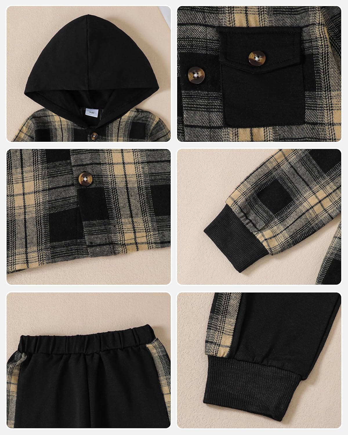 Boys Clothes Fall Winter Outfits, Toddler Kids Button Plaid Hoodie Pockets Sweatpants T-shirt Clothing Set Size 3-7T - Image 8