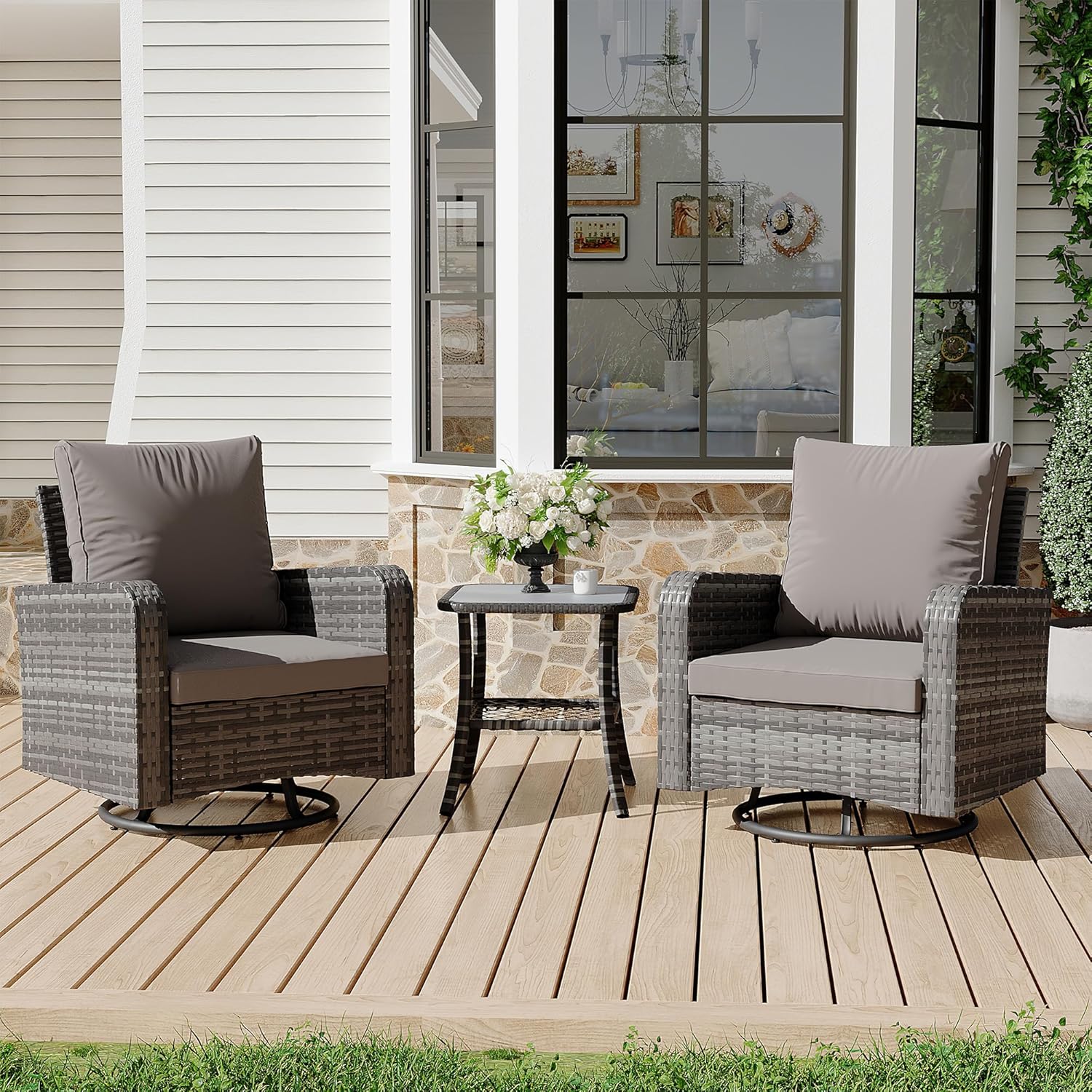 HOMREST 3 Piece Swivel Patio Chairs Wicker Set - All Weather Outdoor Patio Bistro Set with Side Table, Small Patio Furniture Set for Balcony Porch Deck Backyard, Grey