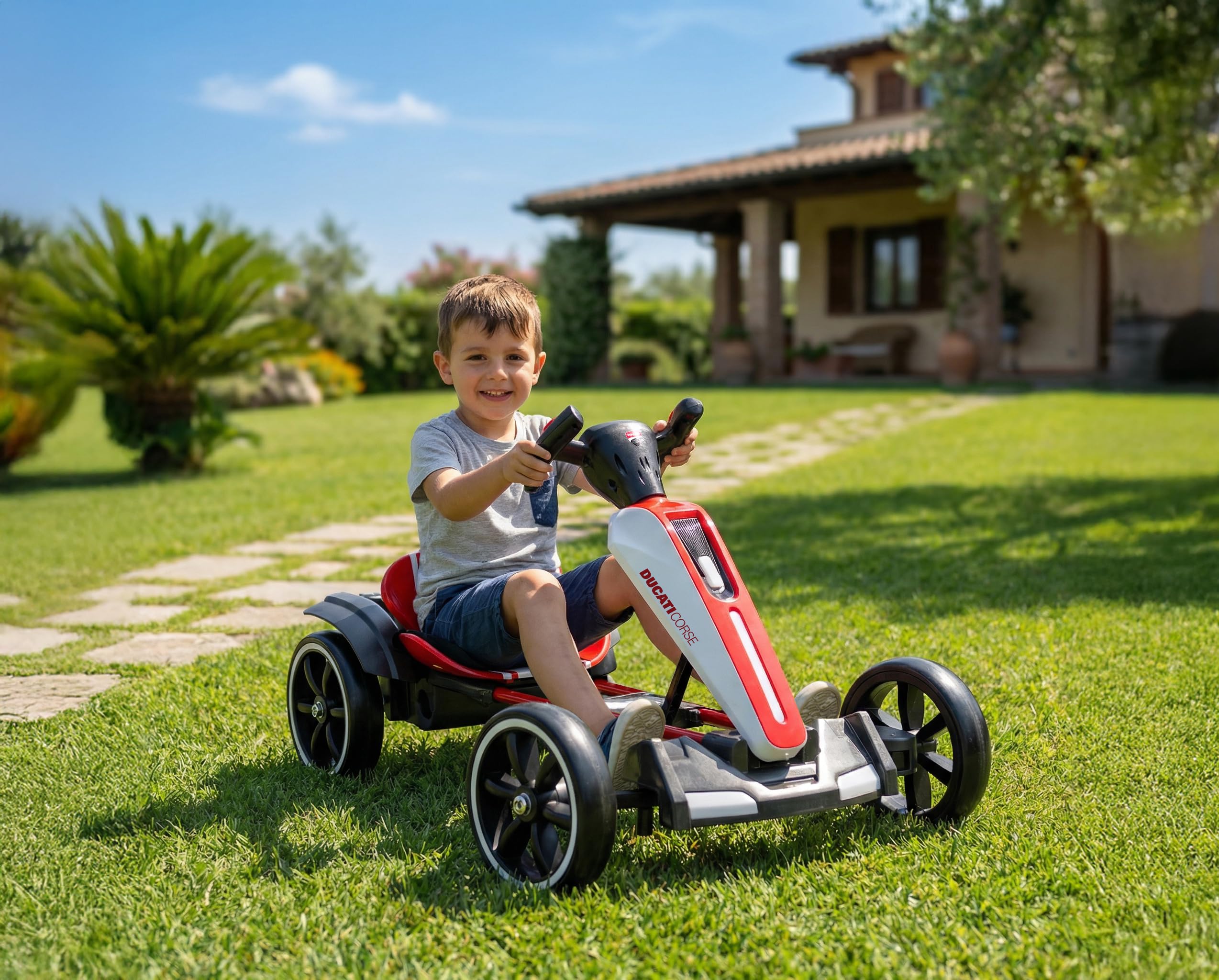 Ducati Corse Speed Kart - Kart elettrico per bambini e ragazzi pieghevole con luci e suoni, marcia avanti e indietro, 6 km/h, bianco e rosso