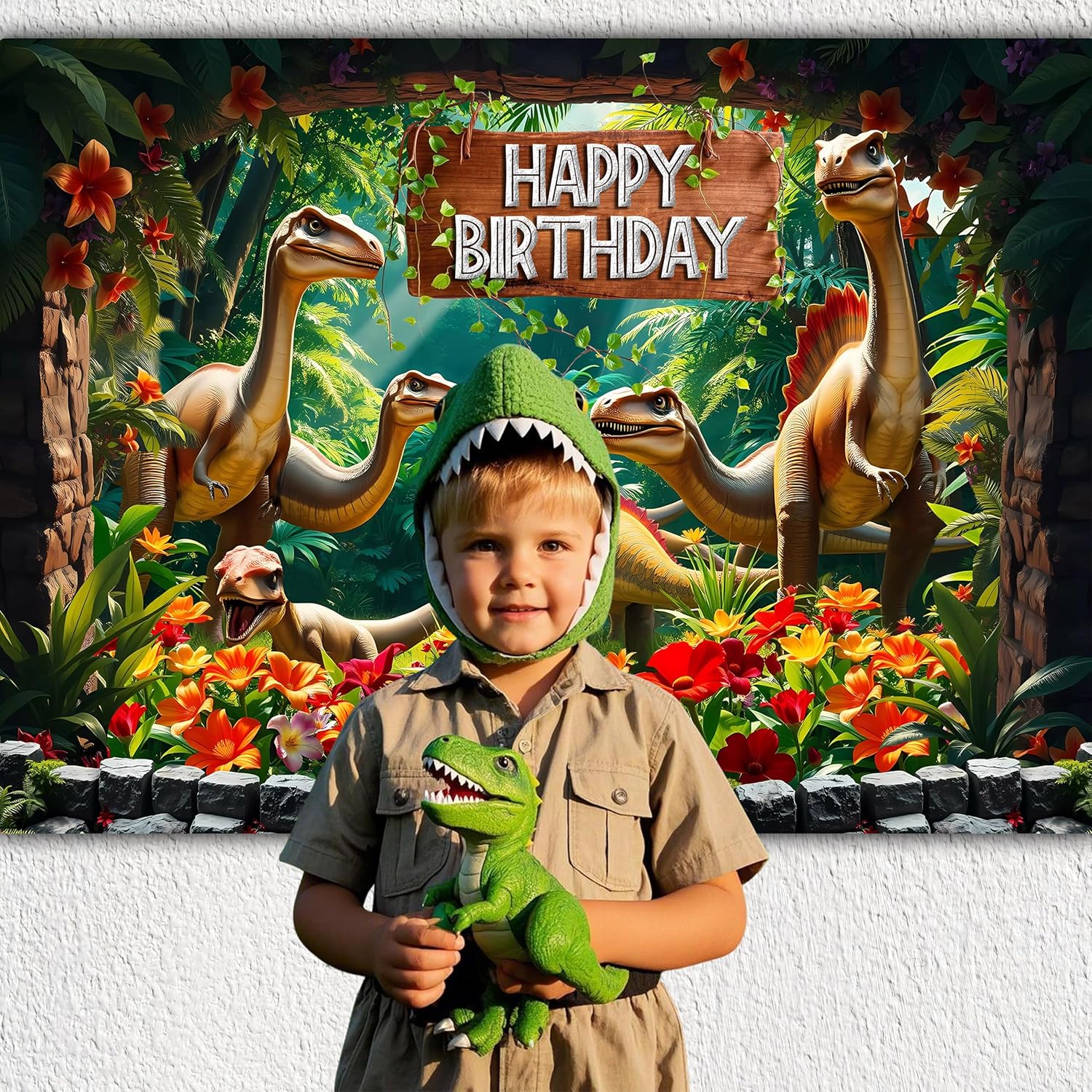 Dinosaur Birthday Backdrop 7 x 5 ft Dino Party Decorations Tropical Rainforest Jungle Forest Background Kids Baby Shower Happy Birthday Banner Indoor Outdoor Wall Home Decor - Image 2