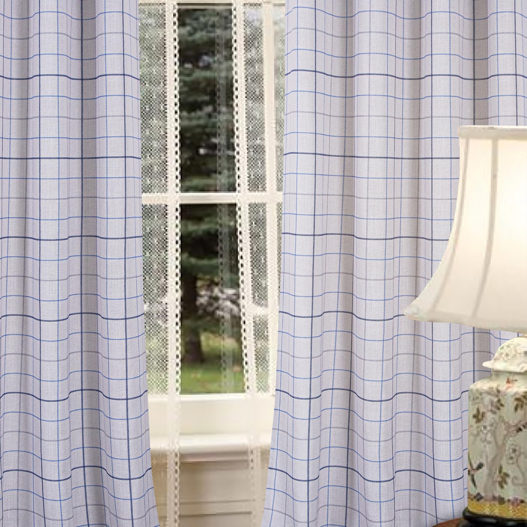 always4u Linen Look Curtains Eyelet Printed Check Curtains Semi-sheer Plaid Drapes for Living Room Bedroom Decoration Modern Textured 1 Pair Beige Blue W90 x L90 Inches - Image 4