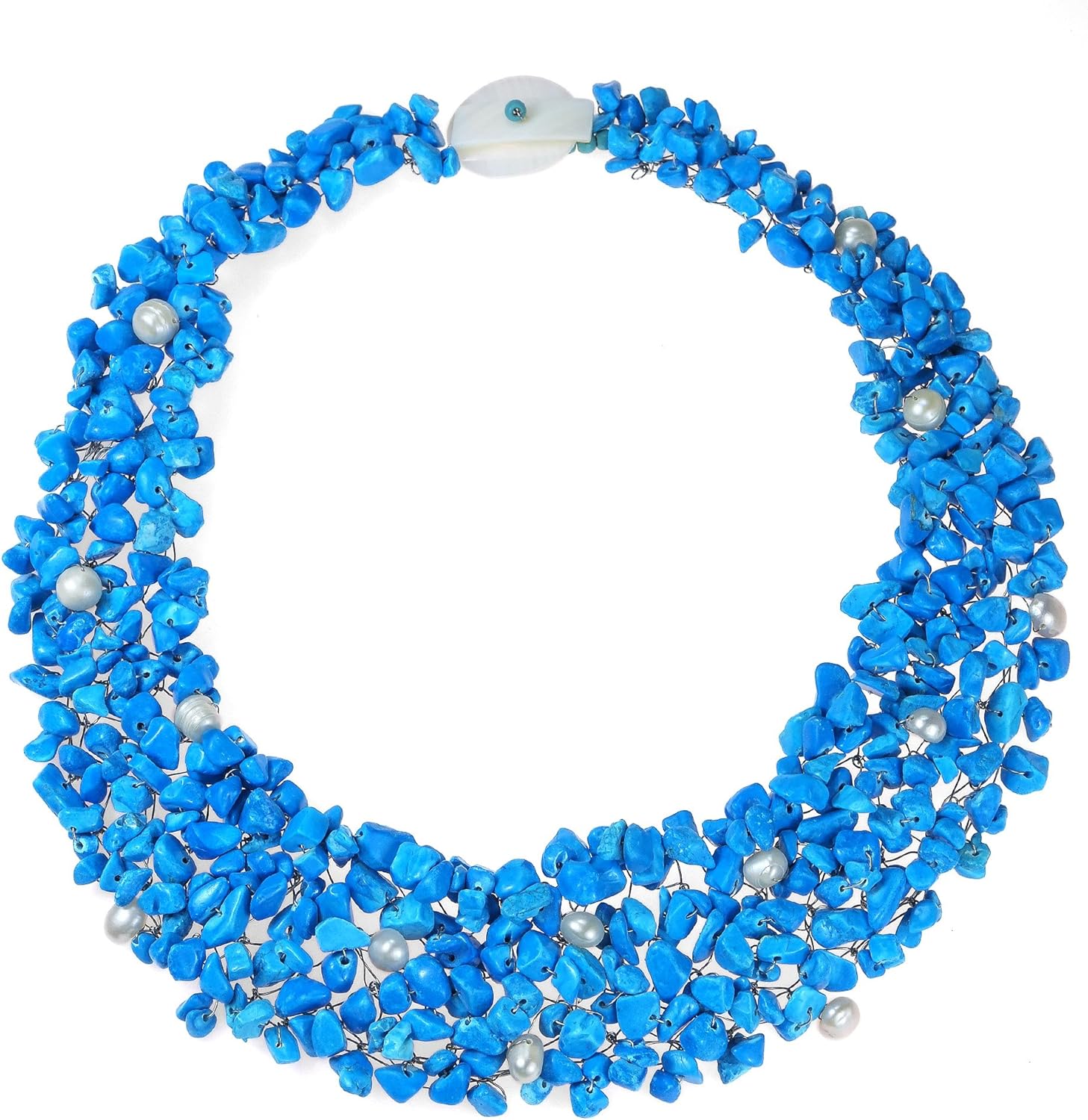 AeraVida Blue Cascades Simulated Turquoise-Cultured Freshwater Pearl Medley Bib Necklace | Waterfall Statement Necklace for Women