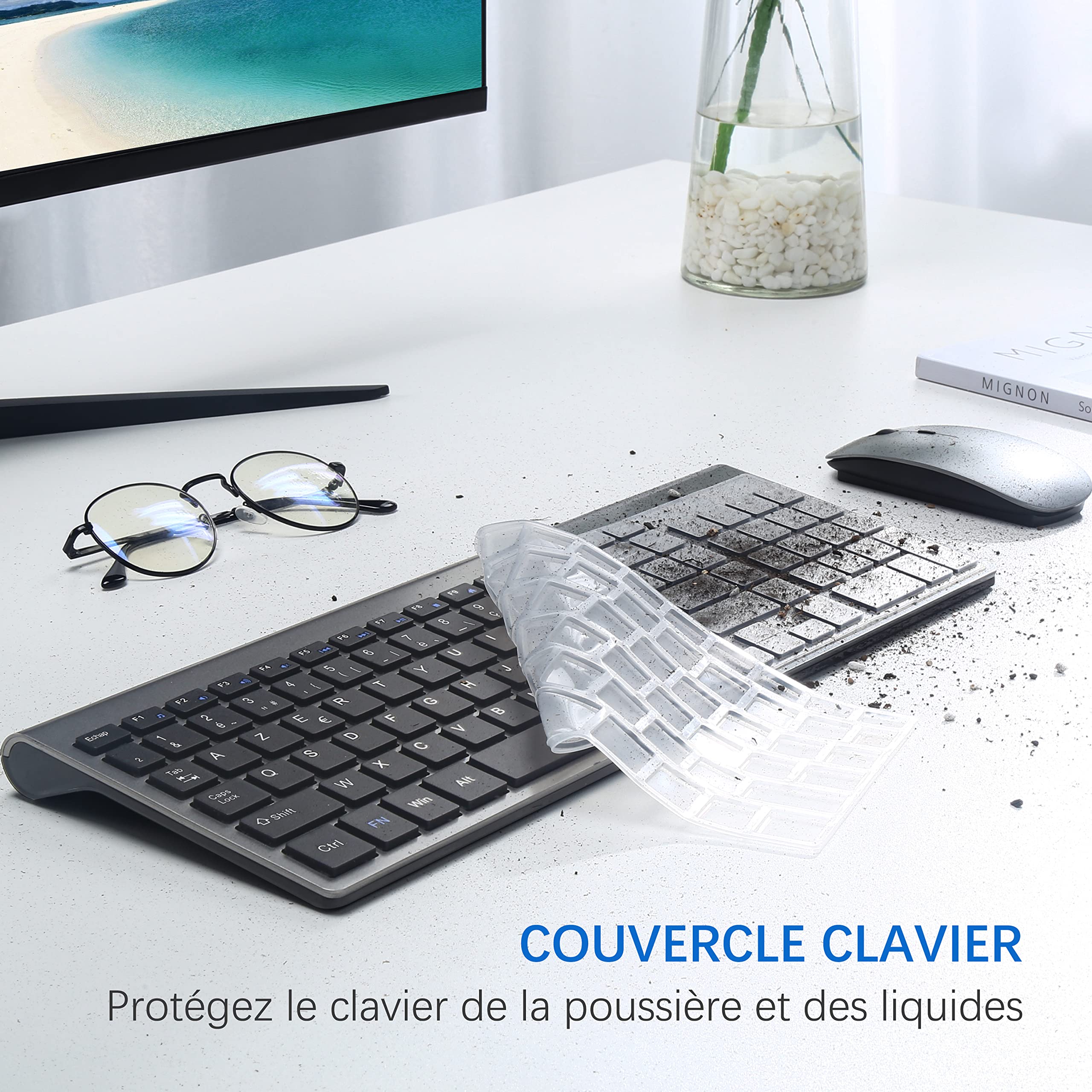 TopMate Ensemble Clavier et Souris sans Fil Ultra-Mince, 2.4G Silent Compact Clavier de Souris 2400DPI Pleine Taille, Clavier avec Couvercle, Piles 2 AA et AAA, pour PC/Laptop/Windows/Mac - Gris Noir