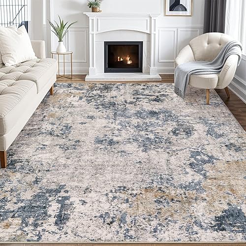 Area Rugs for Living Room: 9x12 Abstract Washable Rug Large Soft Stain Resistant Non-Slip Backing for Bedroom Dining Room Indoor Home Office Carpet for Kids Pet Friendly Families - Blue Brown