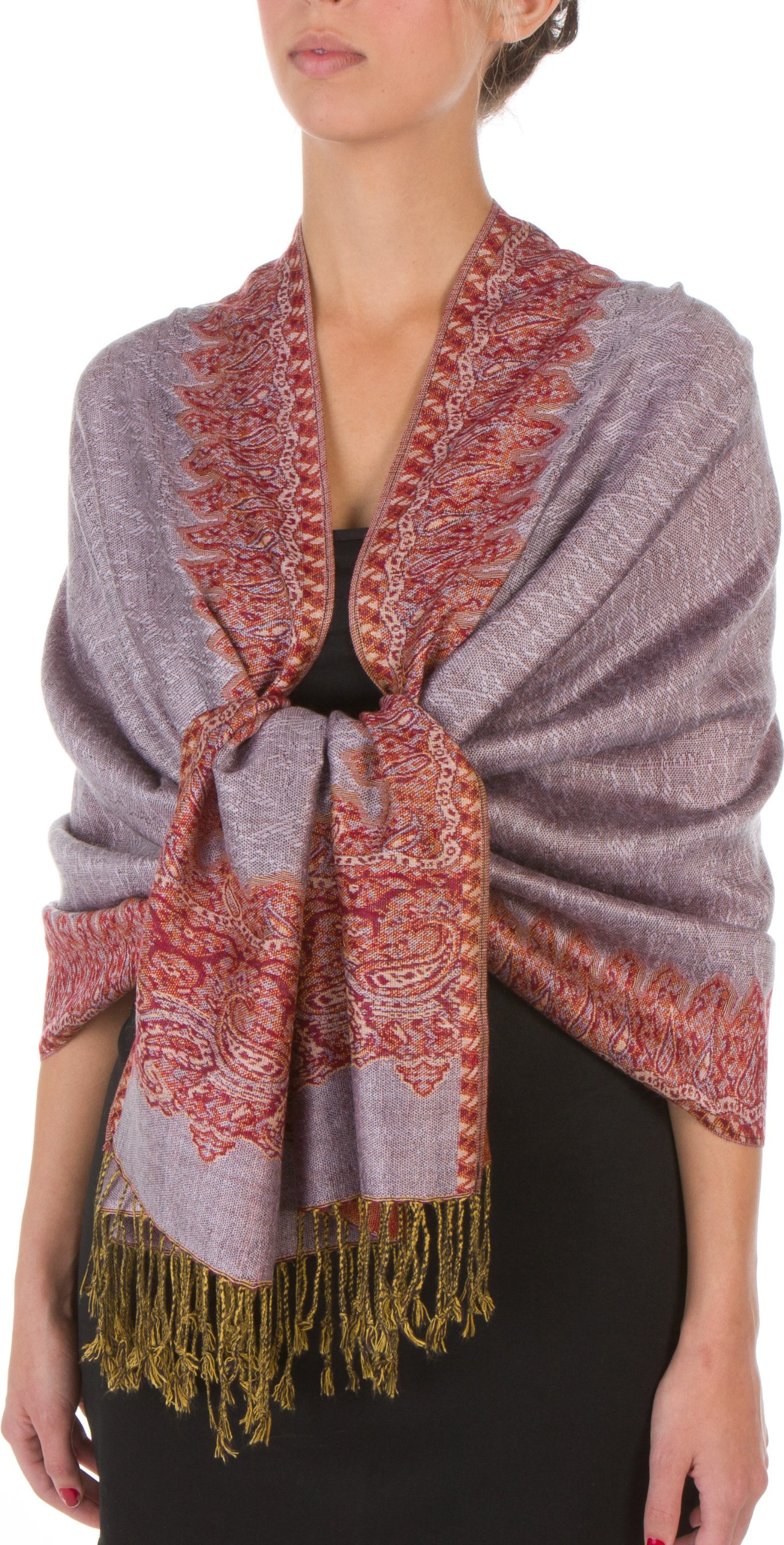 Sakkas Women's Rose Quartz Border Pattern Layered Reversible Woven Pashmina Shawl Scarf Wrap Stole