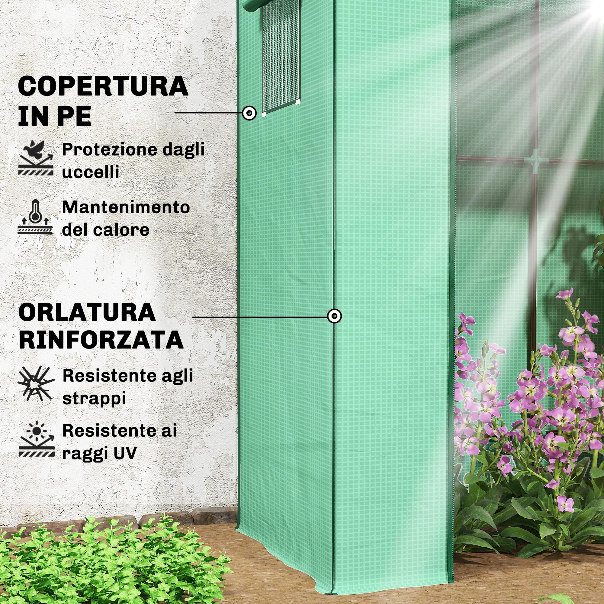 Outsunny Serra da Giardino con Tetto Inclinato, 2 Finestre e Porta Avvolgibili, Serra per Orto con Struttura in Acciaio, Copertura in PE Anti-UV, per Orto Verdure Fiori Piante, 196x77x197 cm, Verde