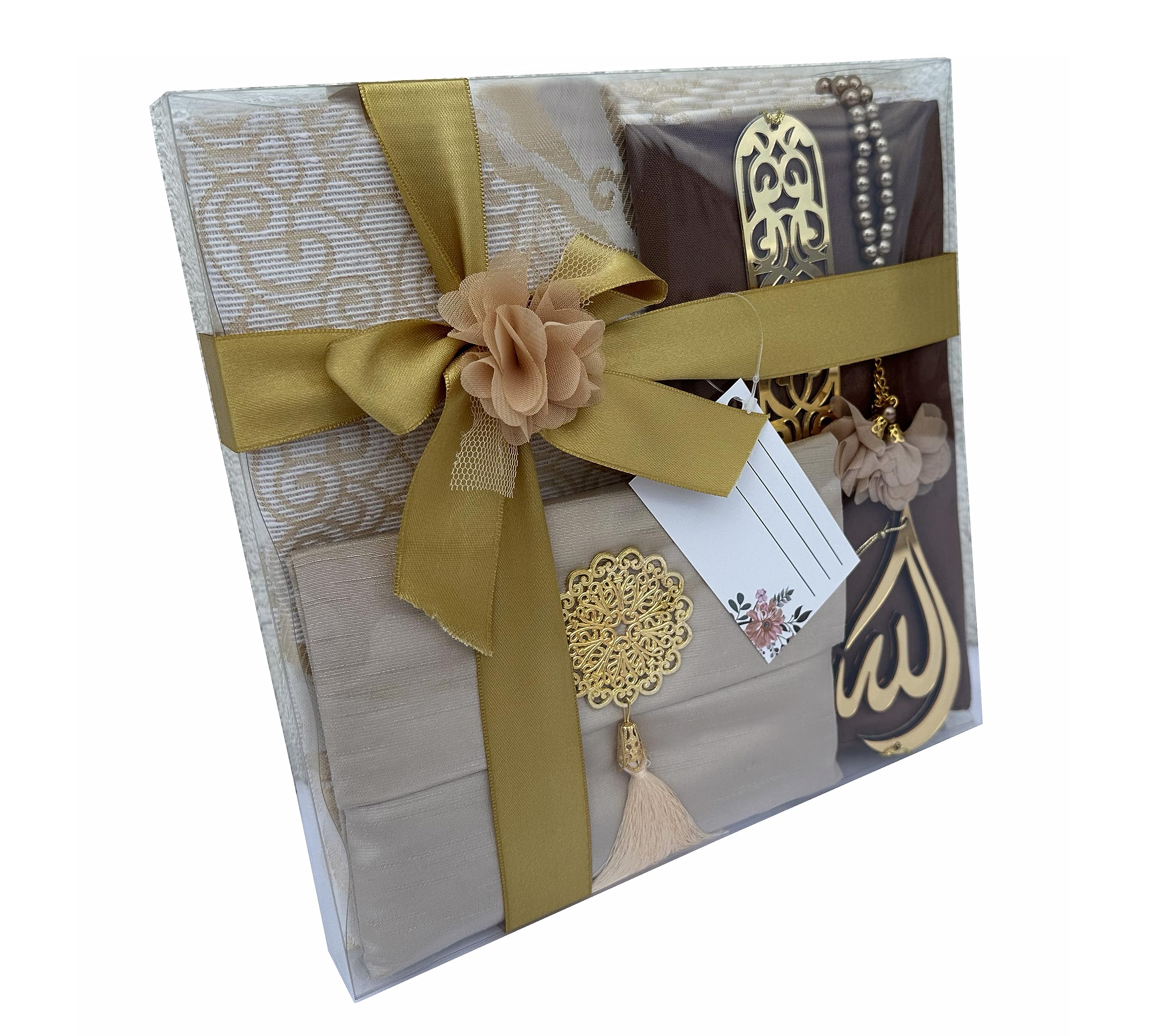 Muslim Prayer Rug, 7 in One Gift Set, Prayer Mat Surah Book, Tasbeeh, Scarf, Surah Case, Bookmark, Car Mirror Hanger, Prayer Beads,Islamic Gift for Umrah, Hajj, Wedding, Janamaz (Gold)