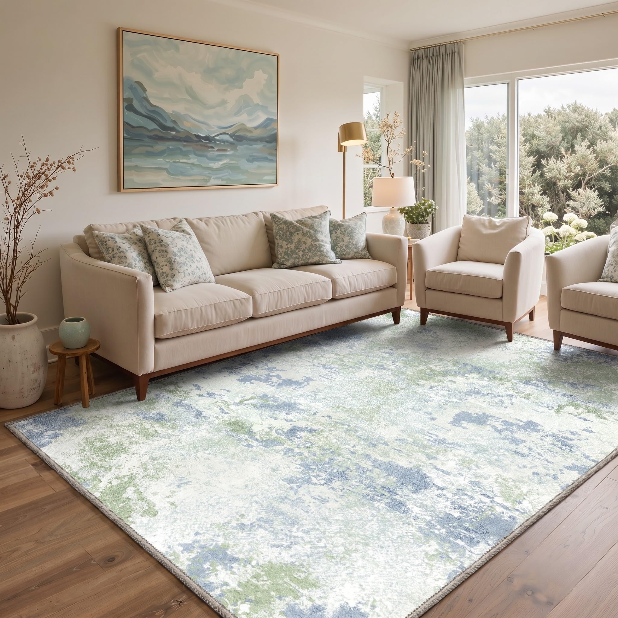 BEIMO 6x9 Area Rug for Bedroom, Green Ivory Washable Abstract Rug