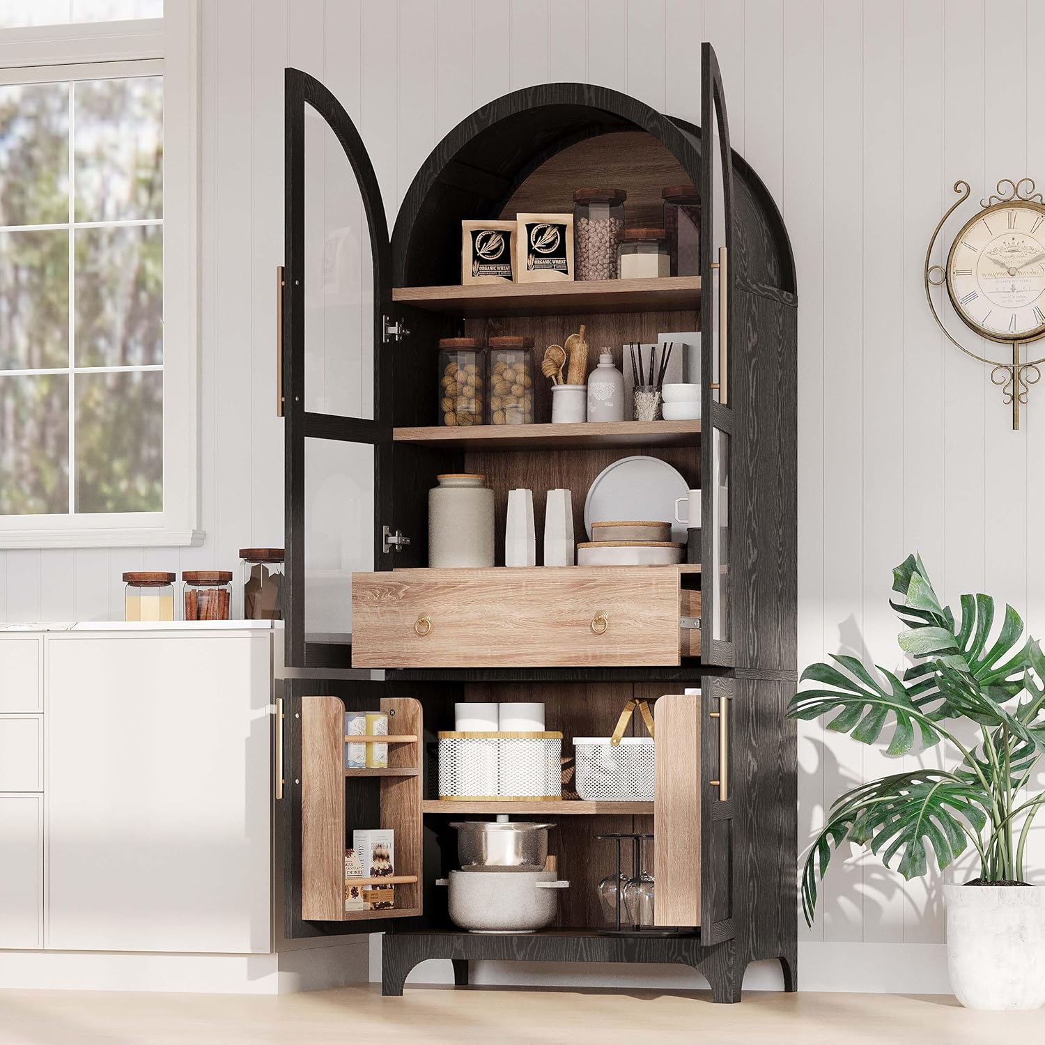 Black Tall Arched Cabinet with Glass Doors, Farmhouse Wood Kitchen Pantry Storage Cabinet W/ Drawers & Adjustable Shelves, China Hutech Cabinets for Dining Room, Living Room, Bathroom (Black, 71")