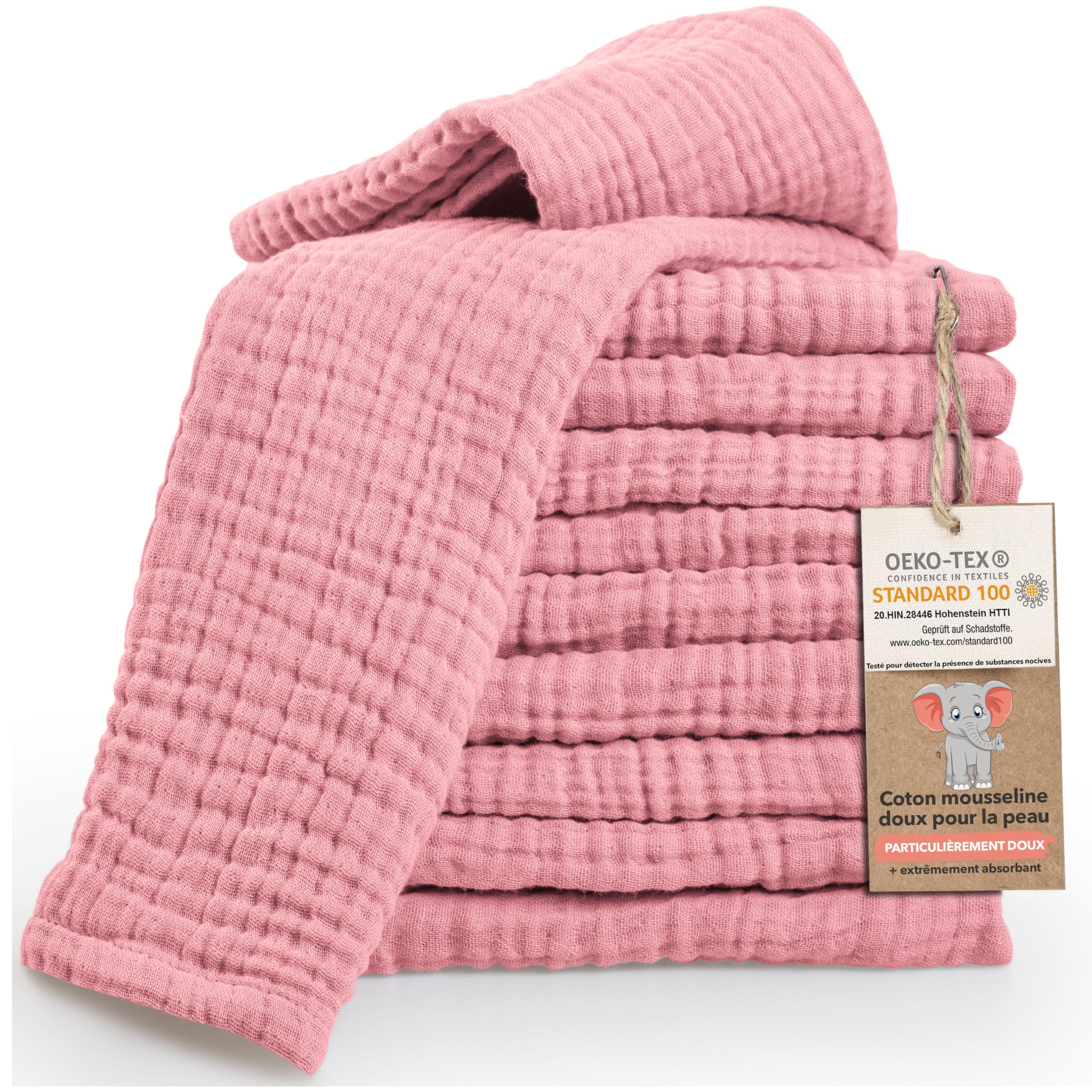 LAYNENBURG Lot de 10 Linge de Crachat Premium Bébé en Mousseline Extra Douce - 100% Coton - 30x50cm - Oeko Tex 100 - Linge en Mousseline comme Langes de Gaze ou Couches en Tissu (Vieux Rose)