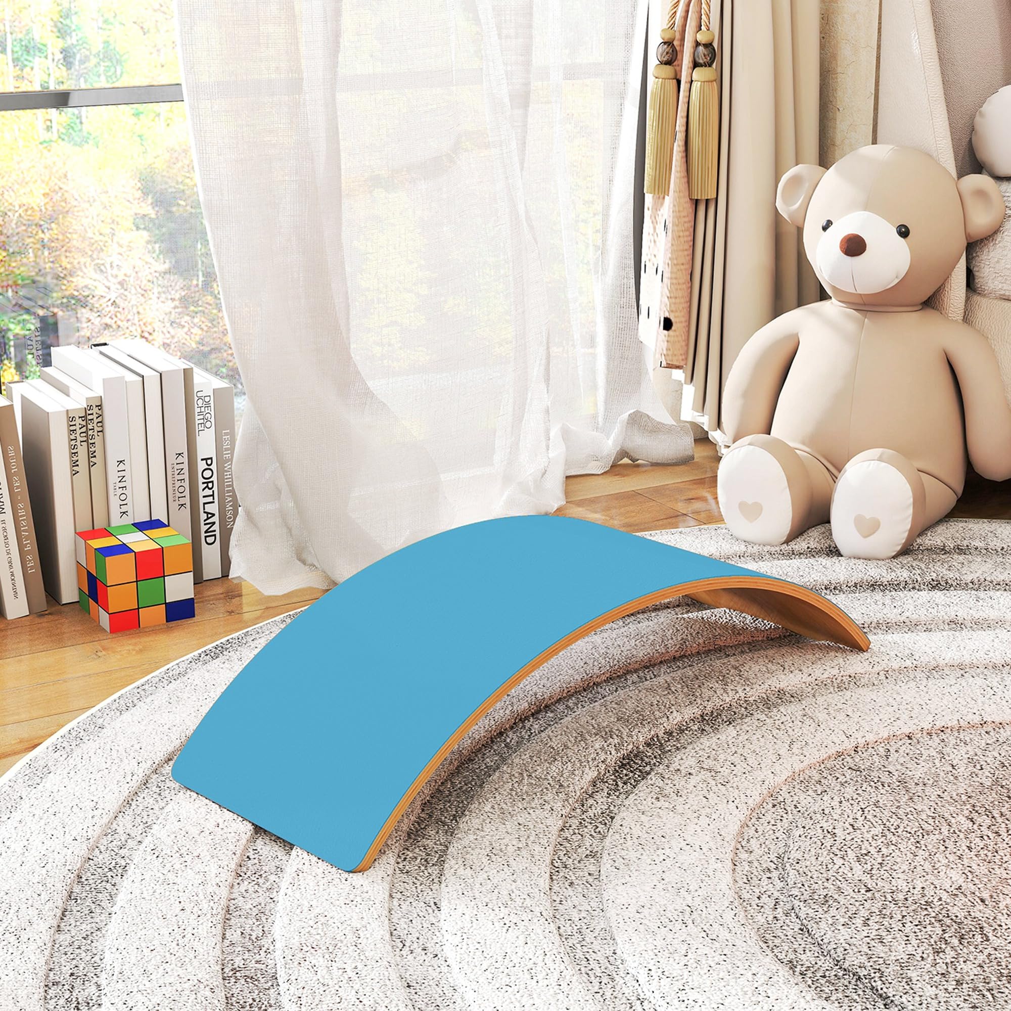 AIYAPLAY Balancierbrett aus Holz für Kinder, Wackelbrett mit leisem Filz für Kinder von 3-8 Jahren, kurvige Schaukelwippe für sensorisches Spiel, blau