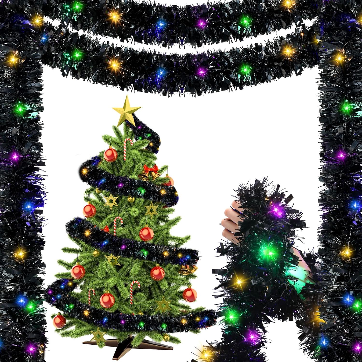 Jutom 99 Ft Prelight Christmas Tinsel Garland, Light up