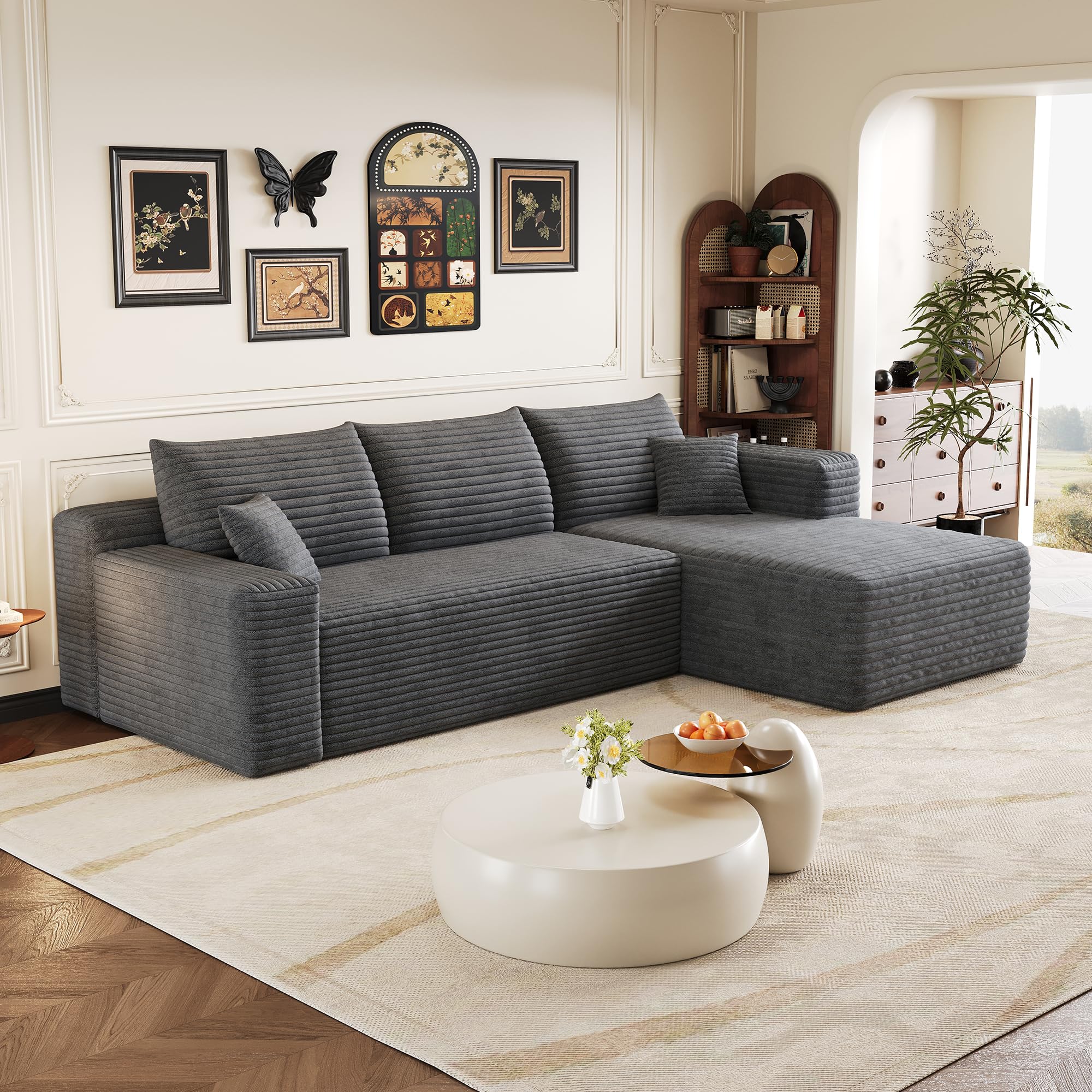 Sofá de esquina convertible, 239 cm, sofá comprimido con chaise longue en forma de L, sofá de esquina modular acolchado con asiento profundo para sala de estar (gris, ángulo derecho)