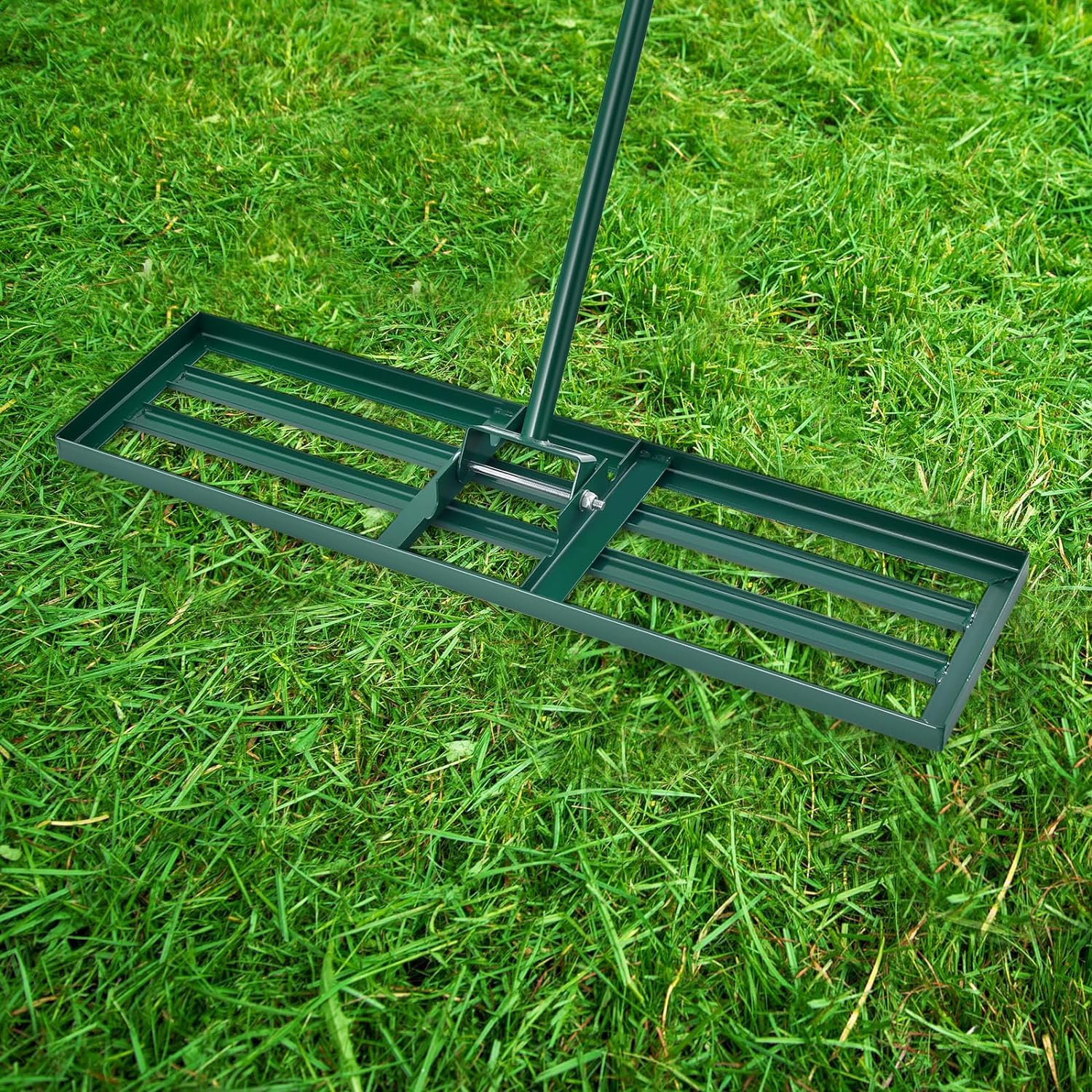 GOPLUS Rastrillo de Nivelación de Césped, Rastrillo Jardín con Mango Ergonómico 170 cm, Nivelador para Jardinería, Paisajismo, Nivelación, Patio, Campo de Golf (Verde 91 x 25 cm)