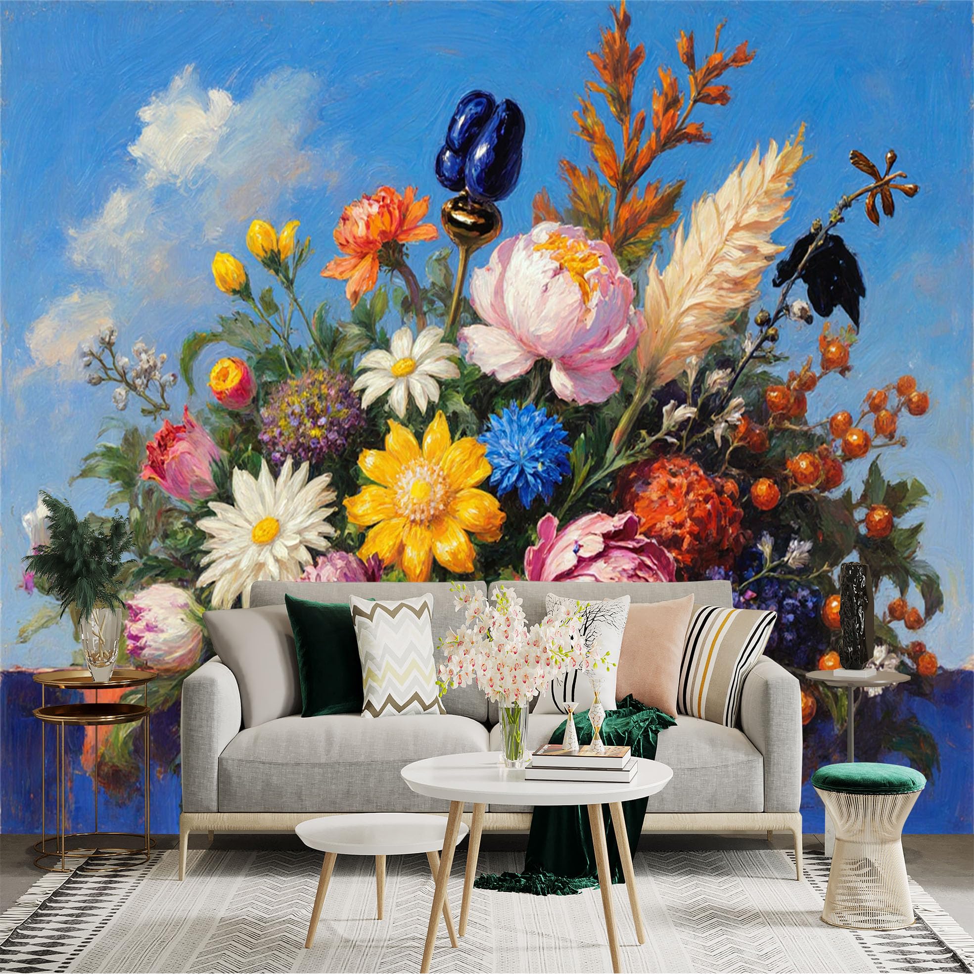 Custom Size Wall Sticker Mural， Colorful Vibrant Floral Bouquet， Oil Painting Style Flowers， Botanical Garden Art， for wall Decoration， peelandstick wall Decals.