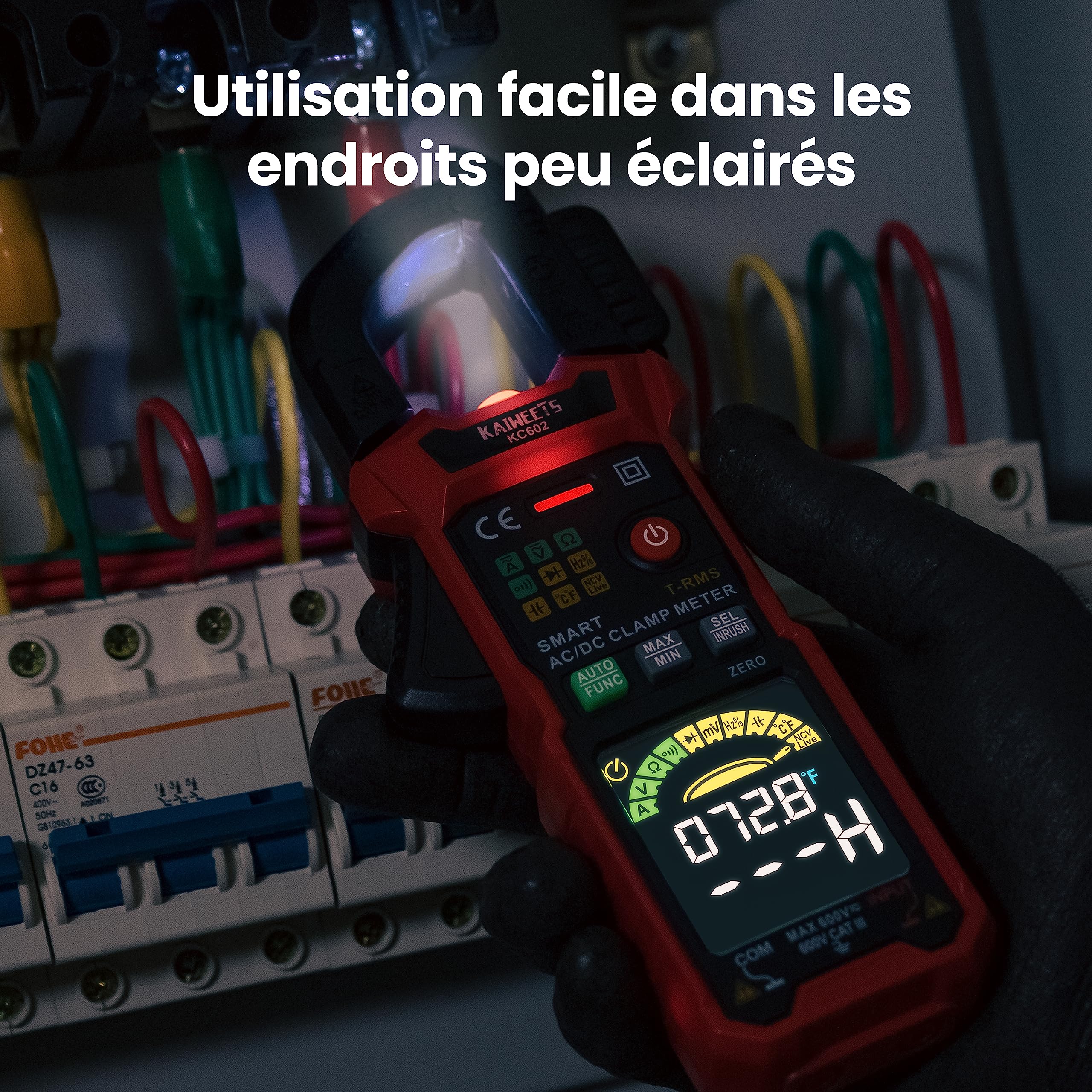 KAIWEETS Pince Ampèremétrique Intelligente T-RMS 6000 Comptes, Multimètre, Ampèremètre à Plage Automatique, Écran Couleur, Mesure Courant CA/CC, Courant d'Appel, Tension, Température, NCV KC602