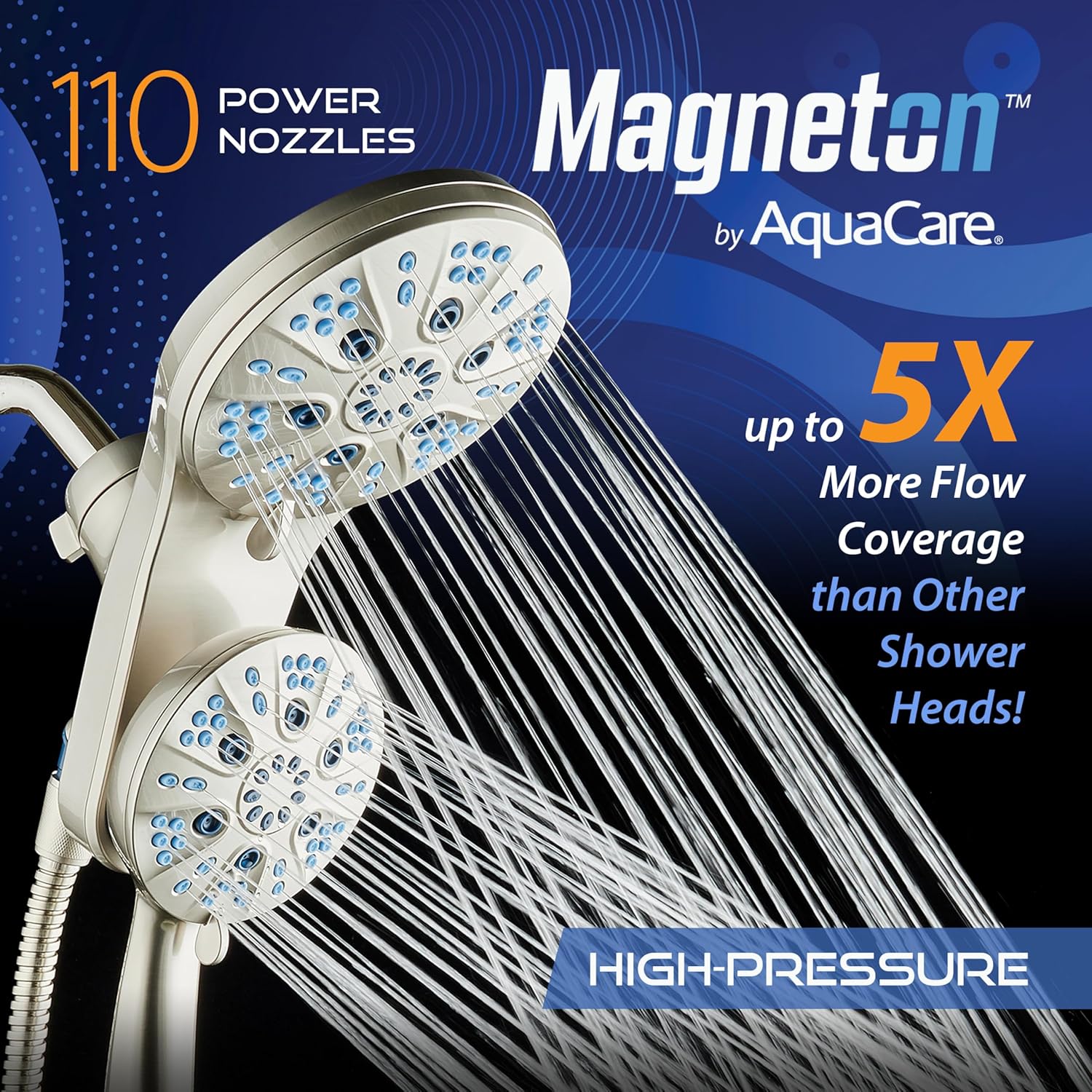 AquaCare Magneton High-Pressure 48-mode Luxury 3-way Combo System with Magnetic Guidance Docking, Giant Rain & Handheld Shower Head, Hygienic Jets and 6 ft. Stainless Steel Hose, Satin Nickel