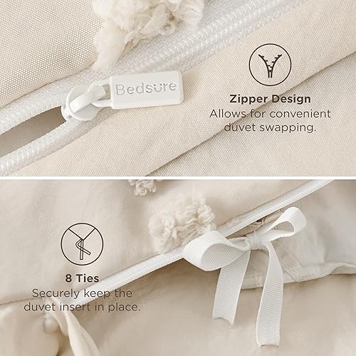 Miniatura 6 de Bedsure Funda de edredón bohemia tamaño Queen Ropa de cama bohemia copetuda beige, ropa de cama bordada estilo rústico chic para todas las