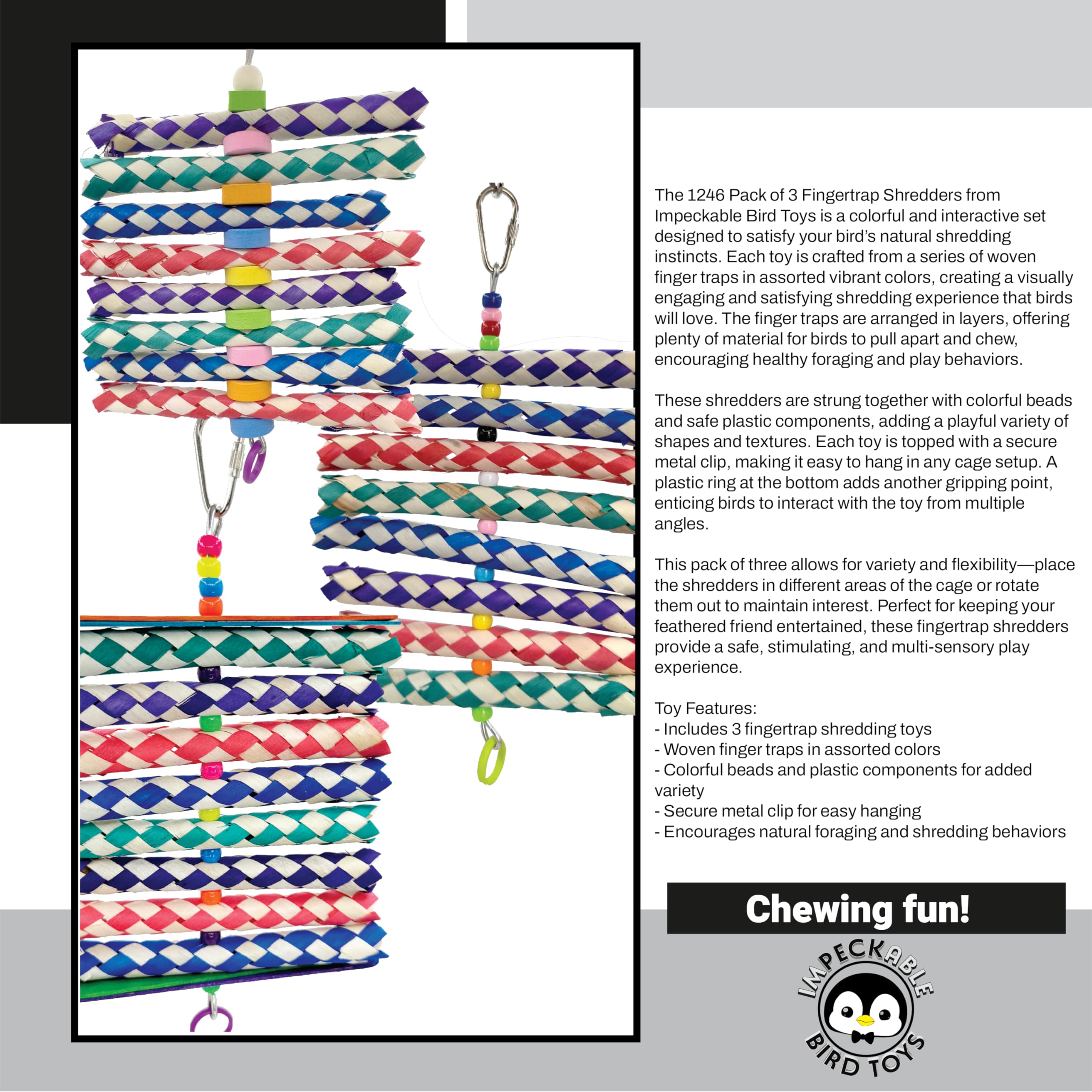 1246 Pk3 Fingertrap Shredders Bird Toys for Parrots, Cockatiels, Budgies, Conures, Parakeets, Small to Medium Birds, Colorful Foraging Chew Cage Toys, Interactive Shredding Enrichment Activity 2