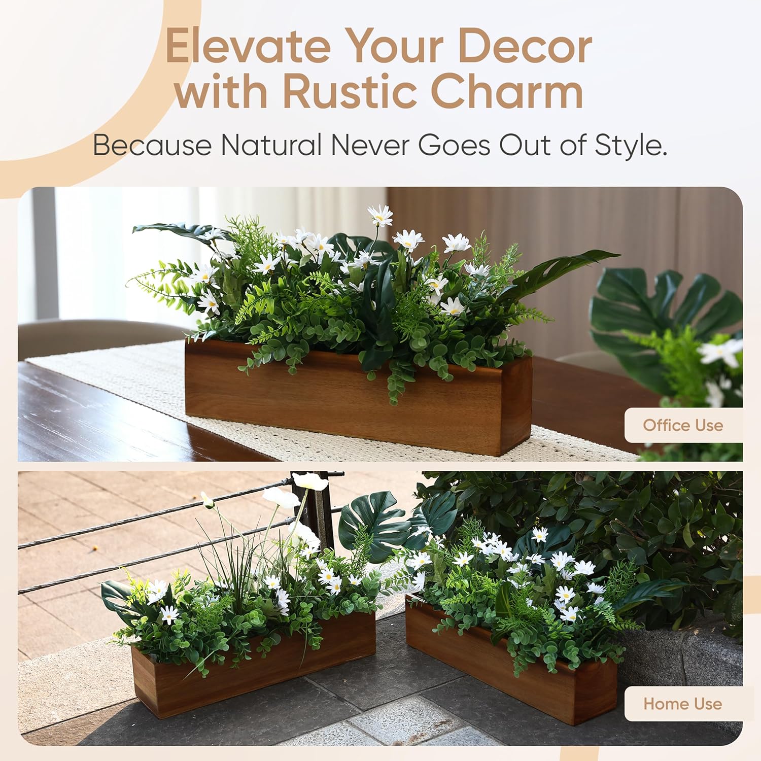 zaqro Large Wood Planter Box Set of 2 – Real Acacia Planter Boxes with Removable Hard Plastic Liners – Long Rectangular Indoor - Window Planter Box for Herbs, Flowers, Succulents