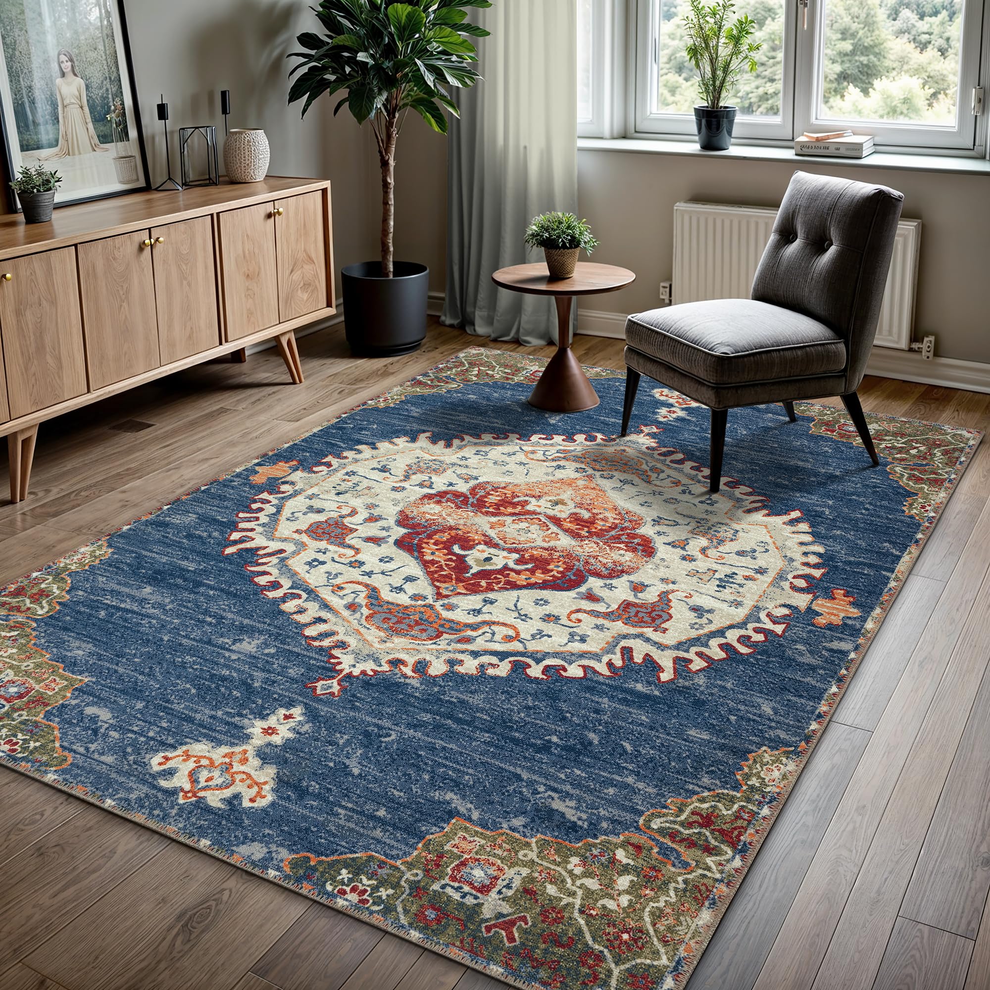GLN Rugs Vintage Collection - Machine Washable Area Rug, Vintage Washable, Non Slip, Low Pile Rug, Living Room, Bedroom, Bathroom Rug - Easy Clean (