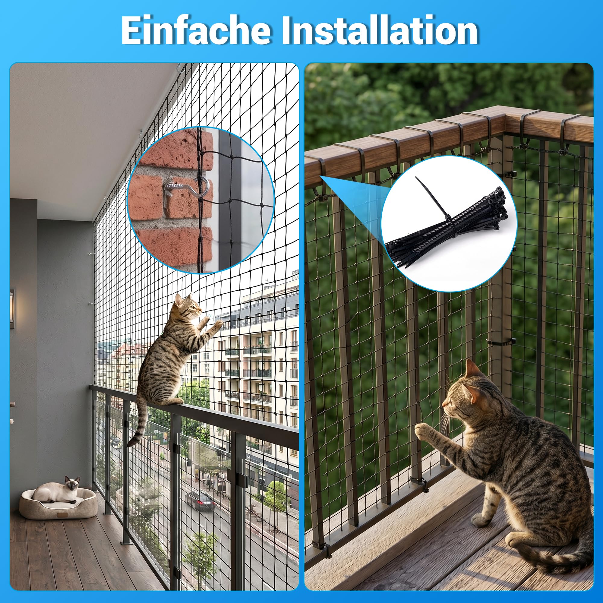 Siatka dla kota na balkon, 10 x 3 m, czarna siatka balkonowa z haczykami, opaski kablowe | Siatka ochronna dla kotów, siatka balkonowa dla kotów, bez wiercenia, na okno, taras, drzwi