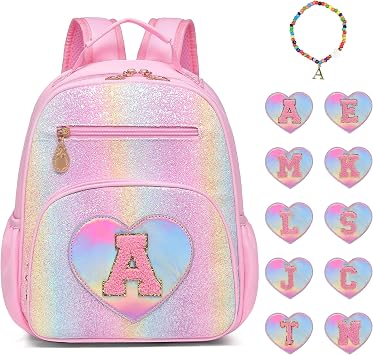 I IHAYNER Glitter Kids Backpack for School Travel & Daycare, Cute Pink Backpack with Initial, Lightweight Preschool Elementary Backpack for Girls, Personalized Gifts for Toddler & Little Girls