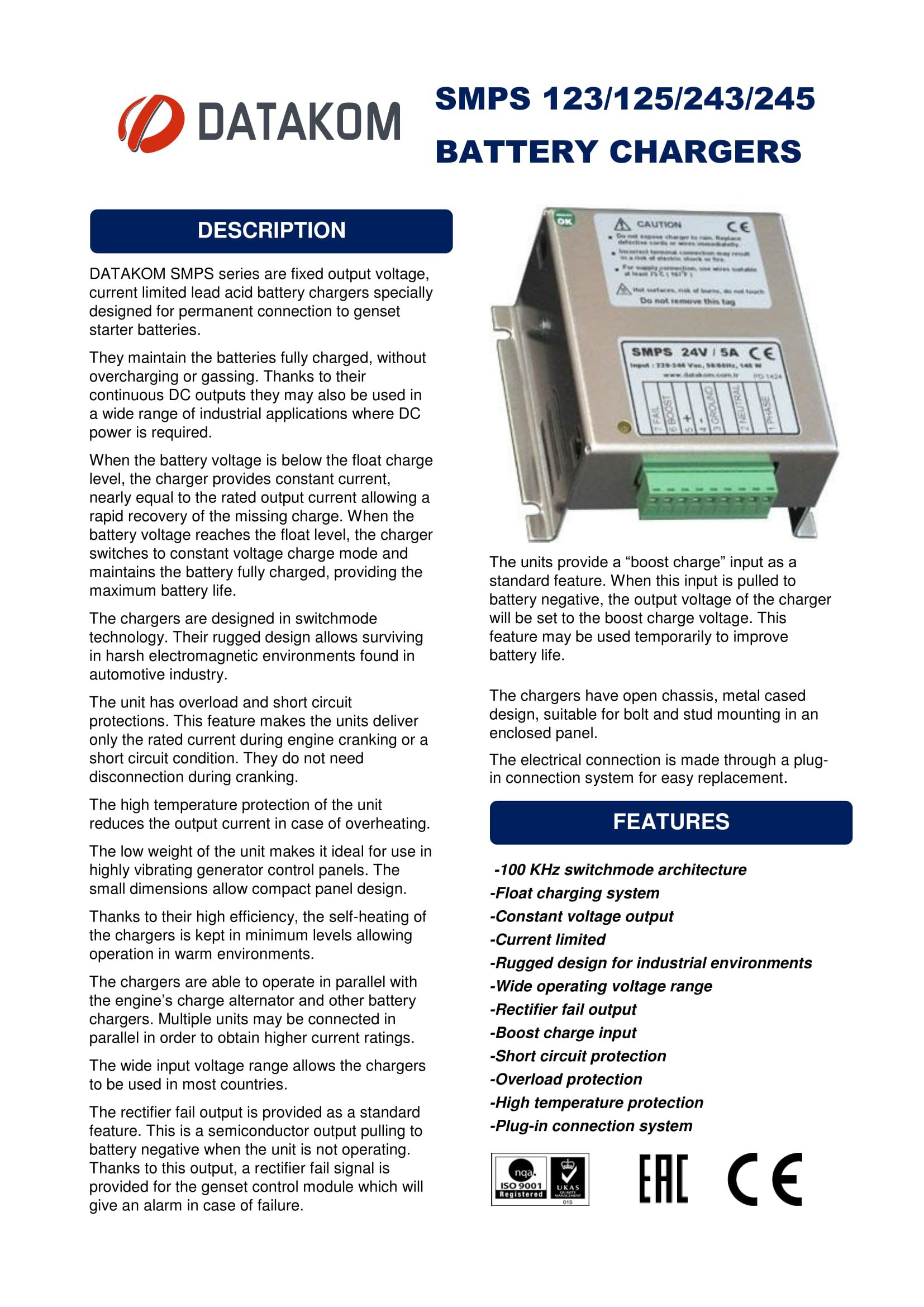 DATAKOM SMPS-245 Generator Battery Charger / 24V/5A DC Power Supply