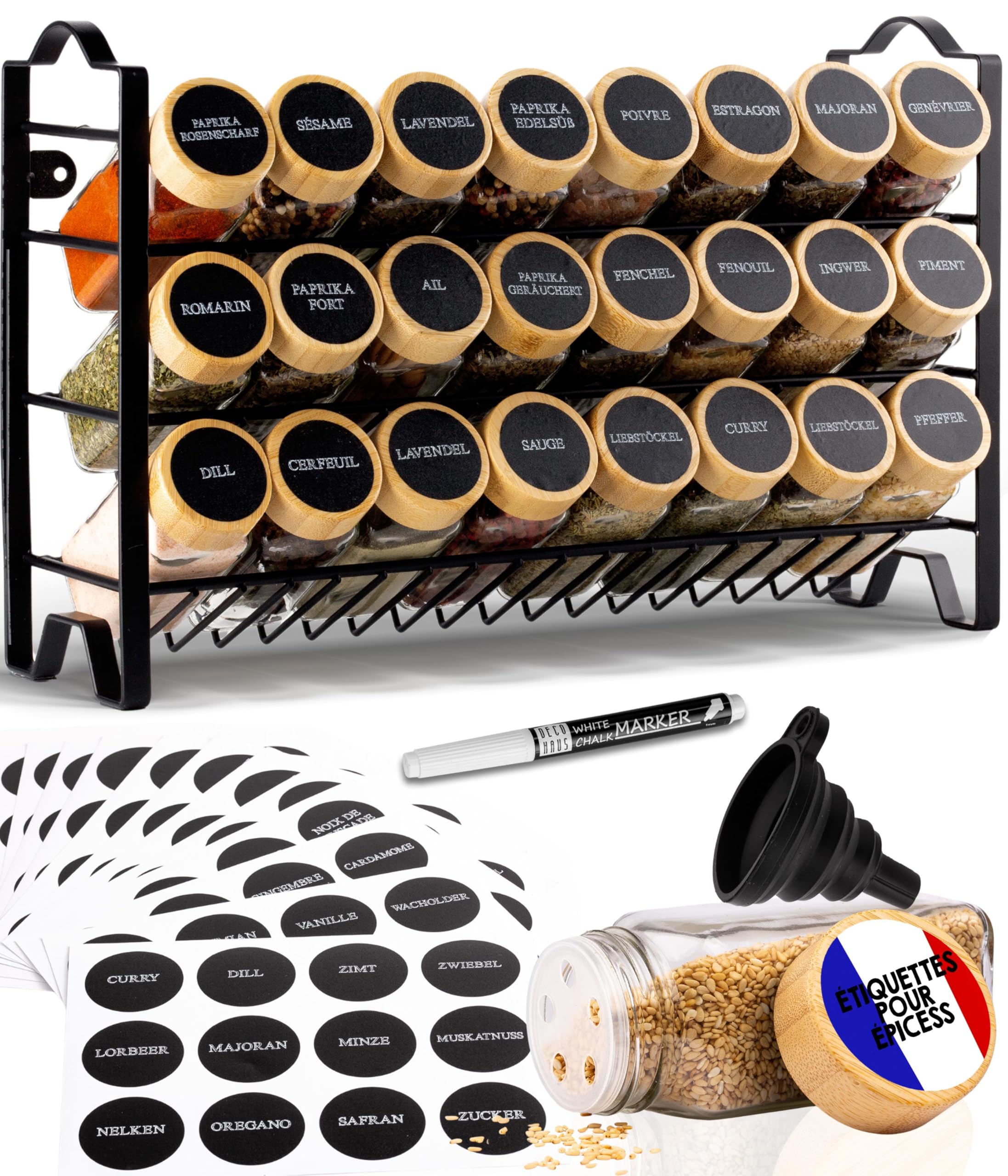 Deco haus® Étagère à Épices & Bocaux - Rangement et Organisation de Cuisine & Maison - Métal, 3 Niveaux - 24 Pots 48 Étiquettes 1 Brosse 1 Entonnoir & Crochets - Autoportante/Murale - Noire