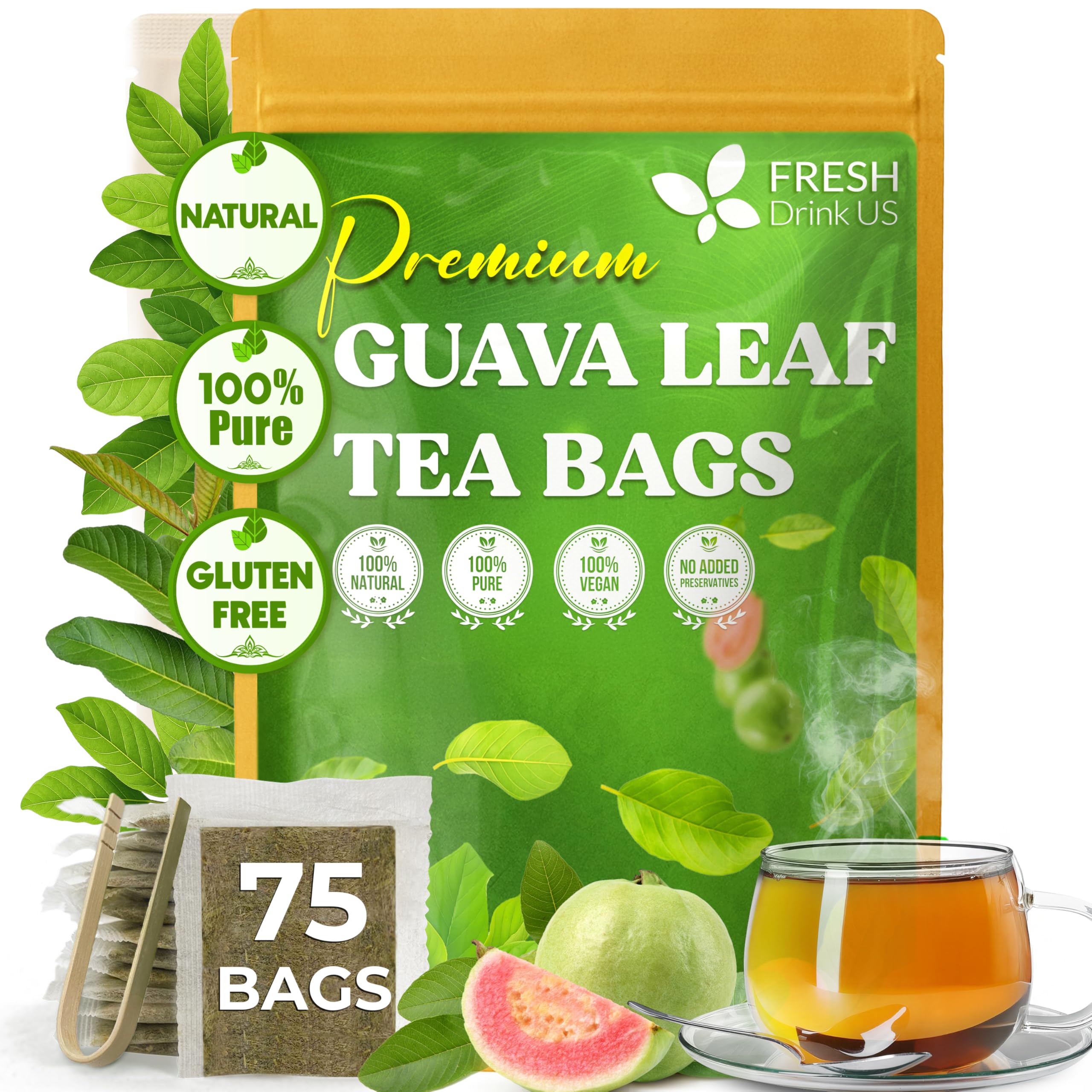 FRESHDRINKUS, Premium 75 Guava Leaf Tea Bags, 100% Natural & Pure. Loose Leaf Guava Herbal Tea. No Sugar, No Caffeine, No Gluten, Vegan.