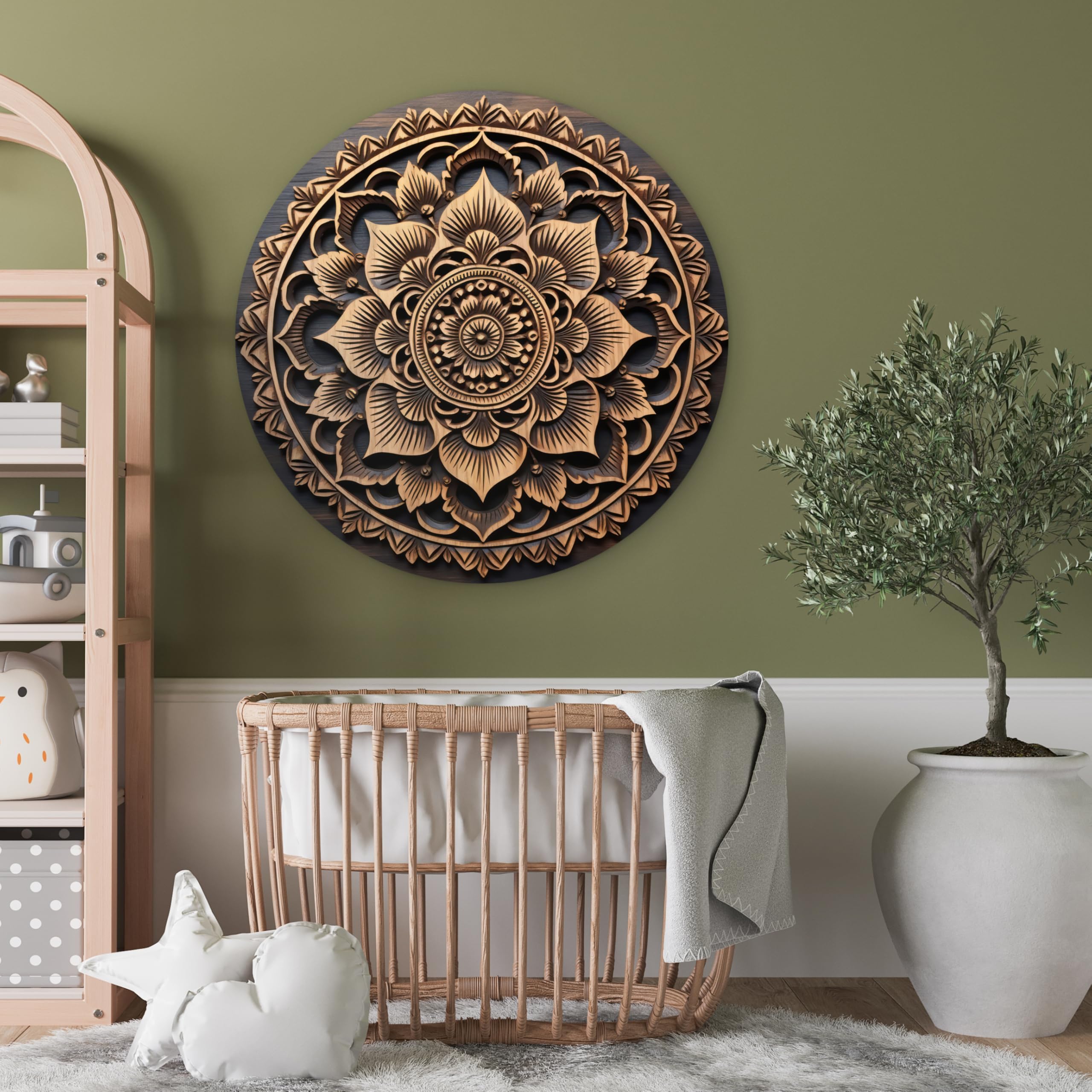MuchoWow© Quadro Rotondo Ø90 cm Salotto Ufficio Cuadro Moderne Finestre Design Murale Bedroom Stanza Fiori Natura Soggiorni Grande Pareti Mandala - Legno - Marrone