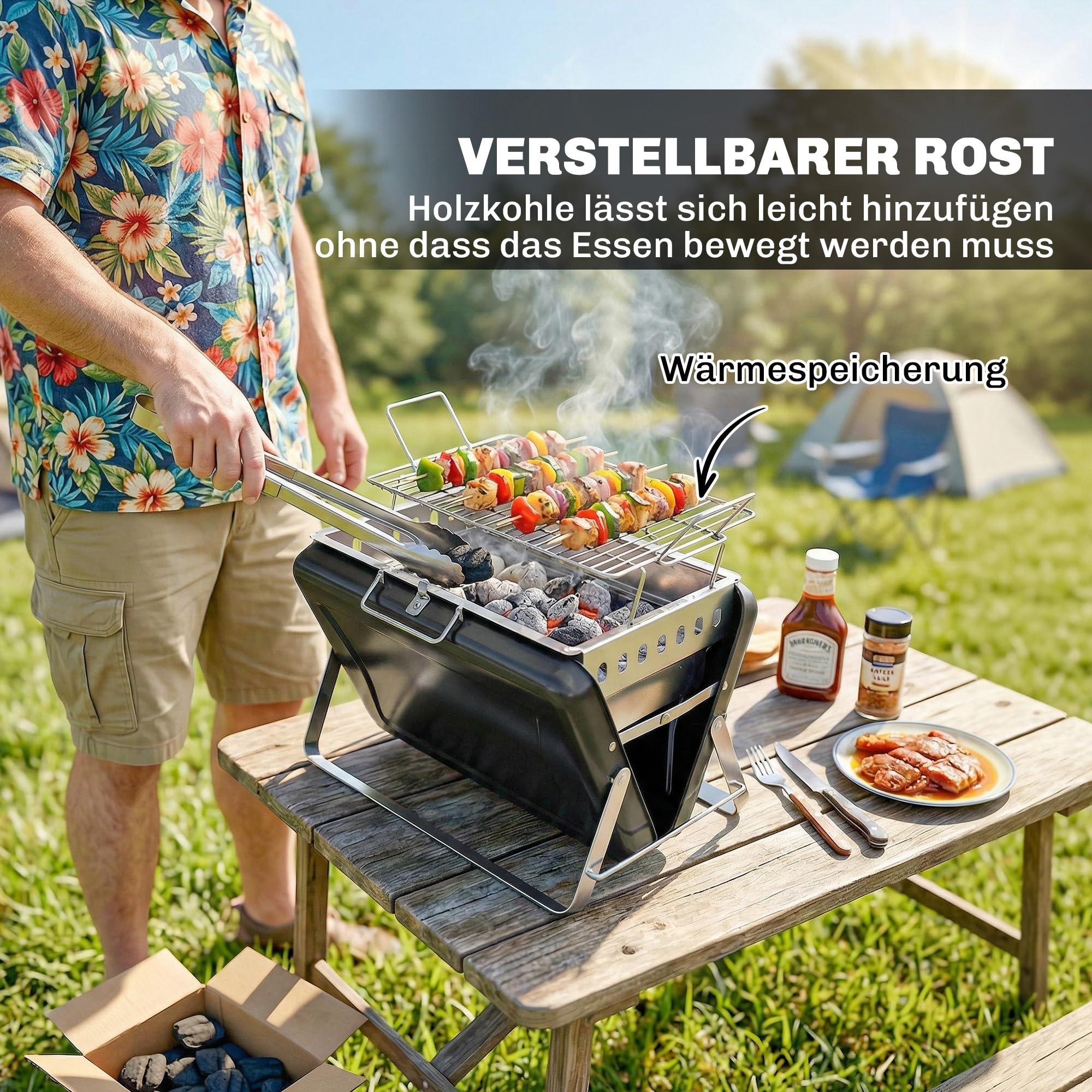 Outsunny Barbacoa portátil de carbón Plegable Negro | Con asa, patas plegables, para camping, jardín, cocina al aire libre.