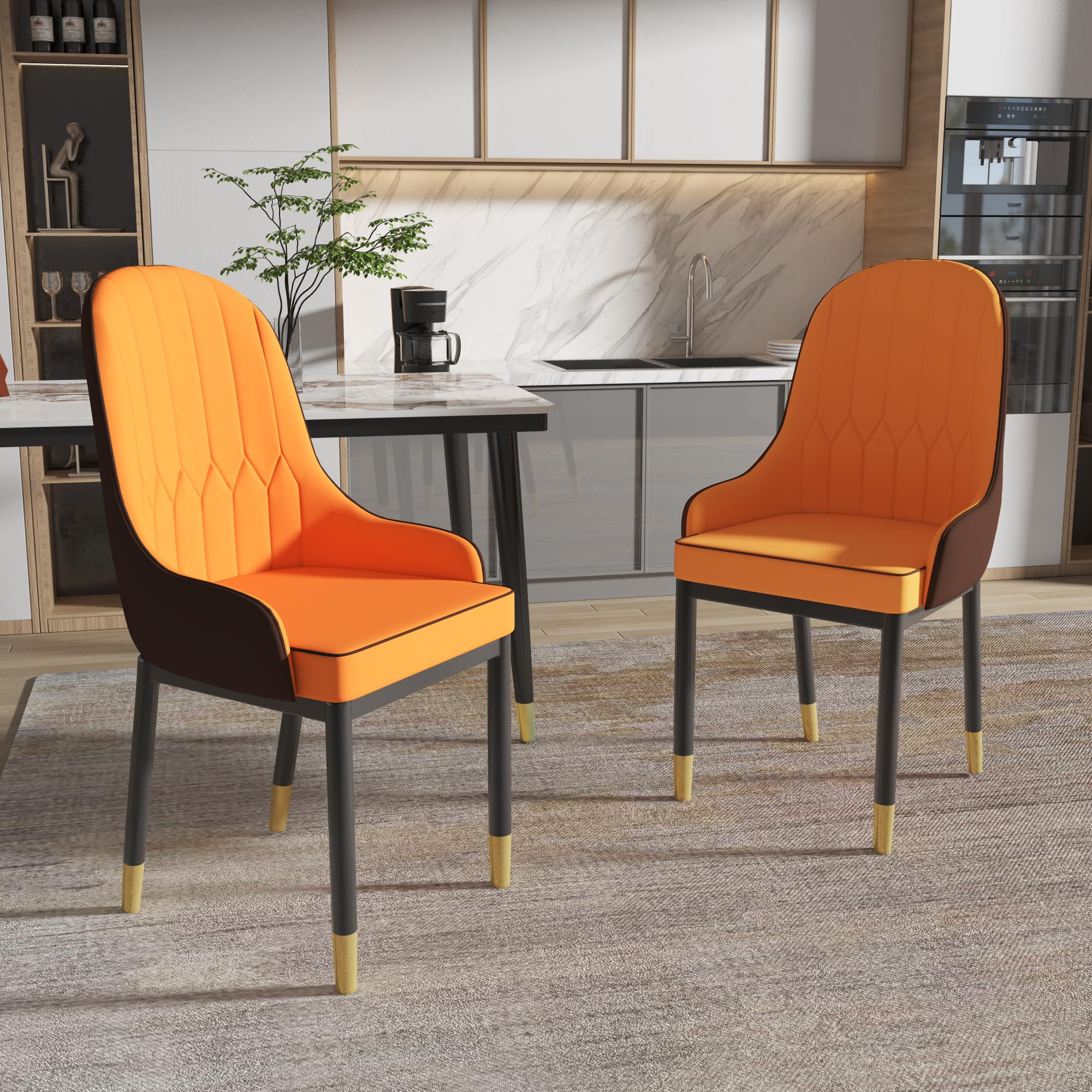 Odinlake PU Leather, Living Room Kitchen Dining Armrest, Modern Minimalist Coffee Shop Leisure Reception Chair with Metal Legs, Set of 2, Orange+Arms