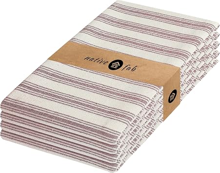 Native Fab Modern Stripe Kitchen Dish Towels, 100% Cotton, Super Absorbent, Quick Drying, 18x26 Inches - Reusable Hand Towels with Hanging Loop for Cleaning, Washing, 4 Pack, Burgundy Maroon