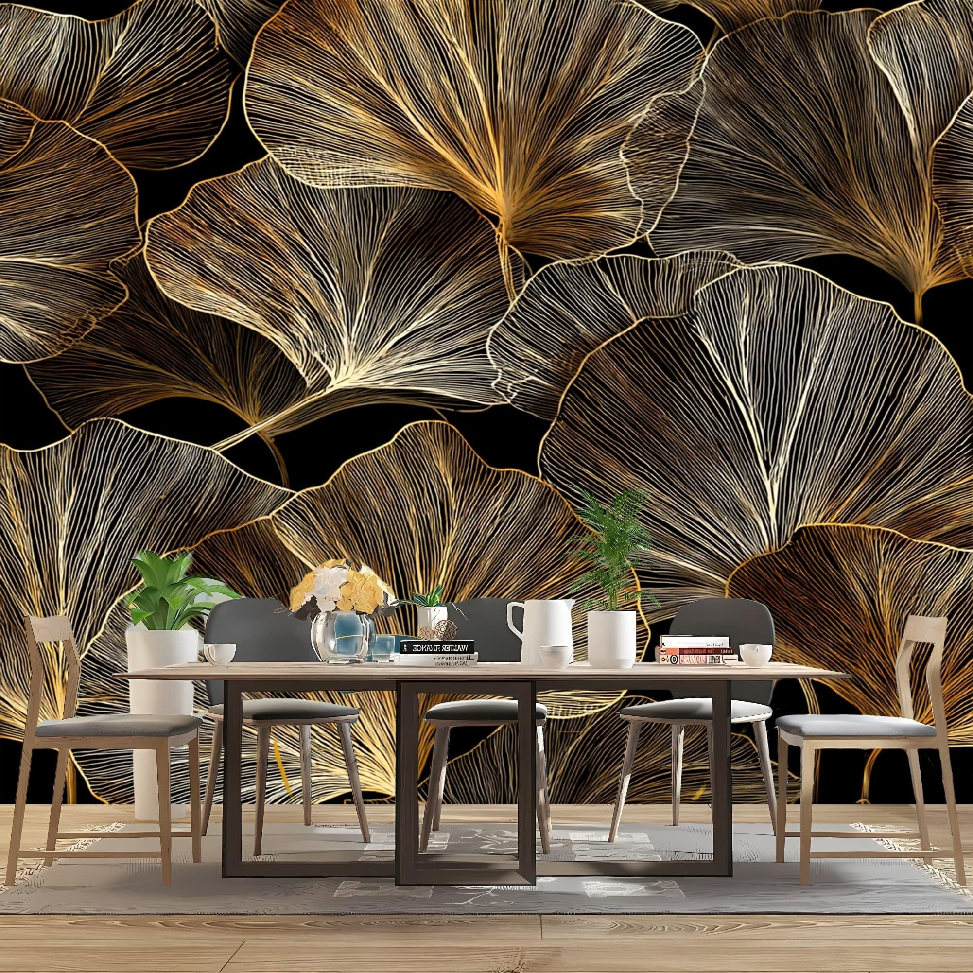 Moda Fototapeta 350 x 256 cm Abstrakcyjne Rośliny Nowoczesne 3D Zdejmowana Złota Panoramiczna Tapeta Biuro Sypialnia Salon, Hd Zdjęcie