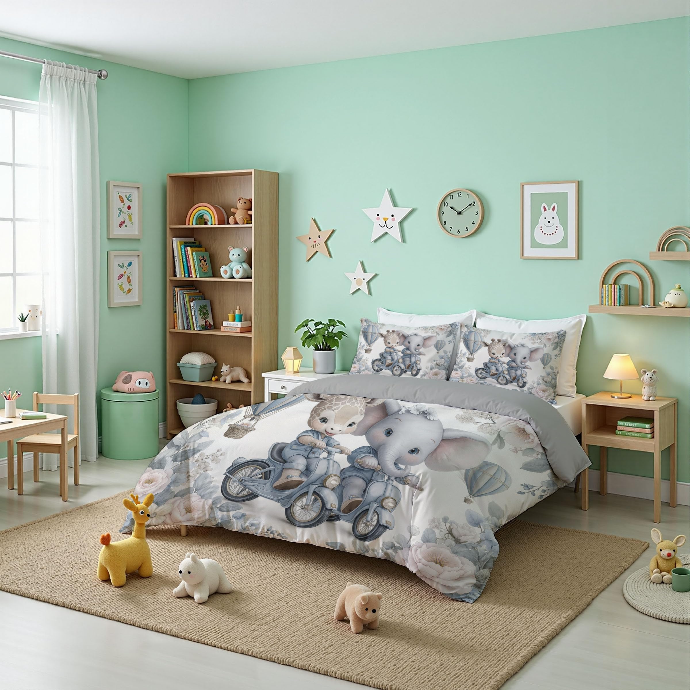 Parure de lit motif éléphant montgolfière literie imprimée 3 pièces pour lit deux personnes