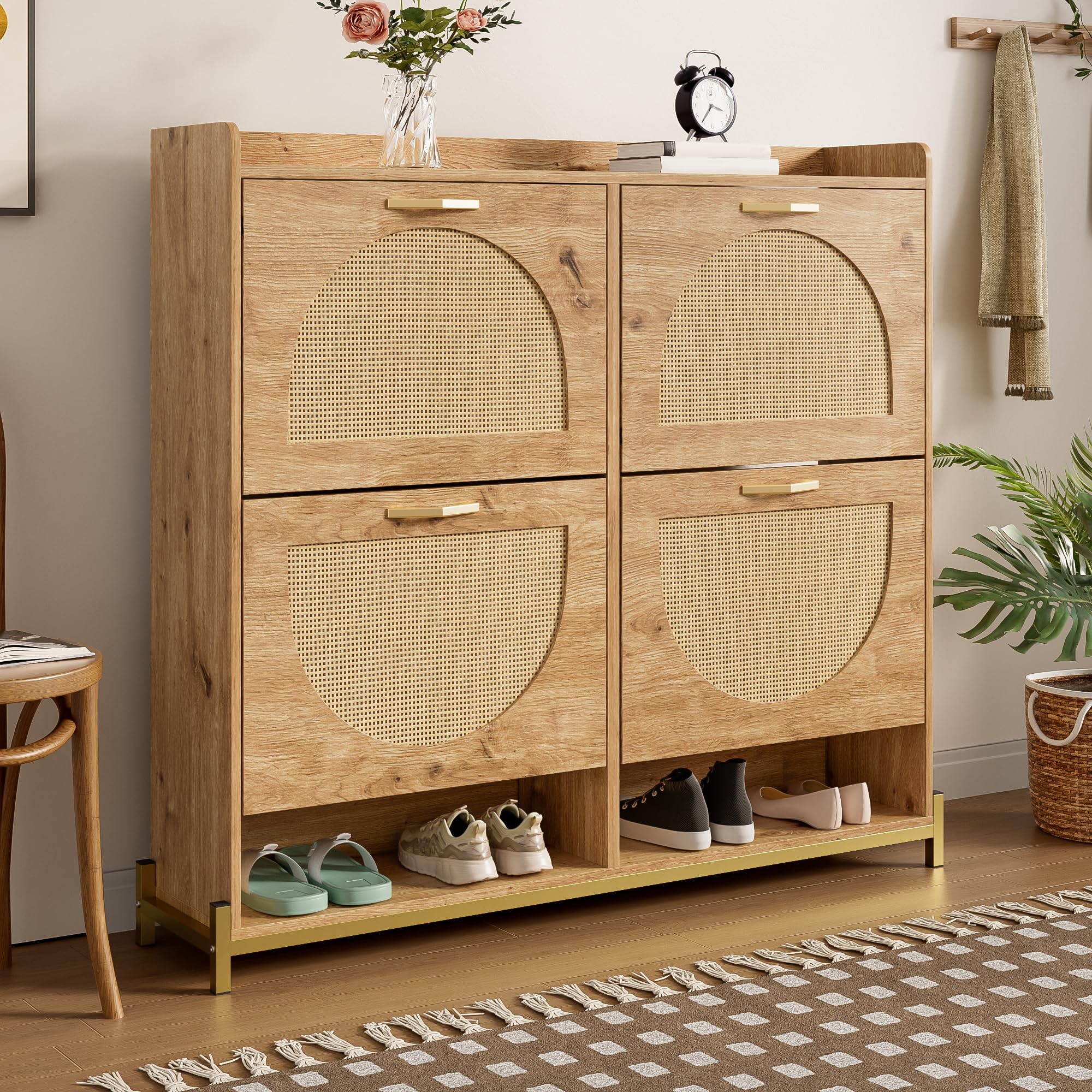 BTM Moderner Schuhschrank mit Rattantüren Schuh Schrank aus Holzl Schuhkipper, Metallrahmen, Sideboard Flurmöbel