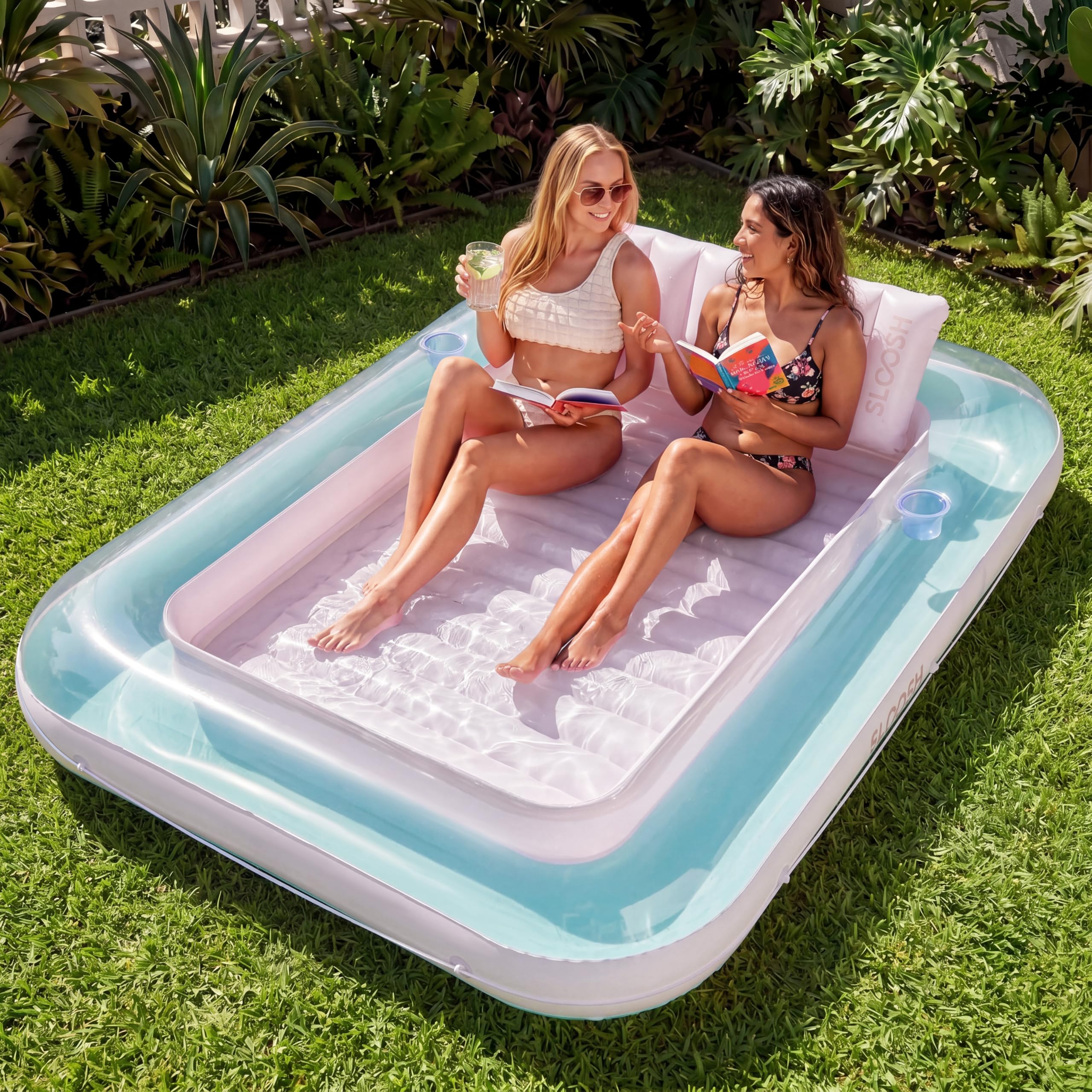 SLOOSH Inflatable Tanning Pool Lounger Float, 85" x 57" Sun Tan Tub Adult Pool Floats Raft for Pool Sunbathing Suntan Inflatable Pool Lounger Tanning Bed Floatie for Adults, XL-Cyan Pink