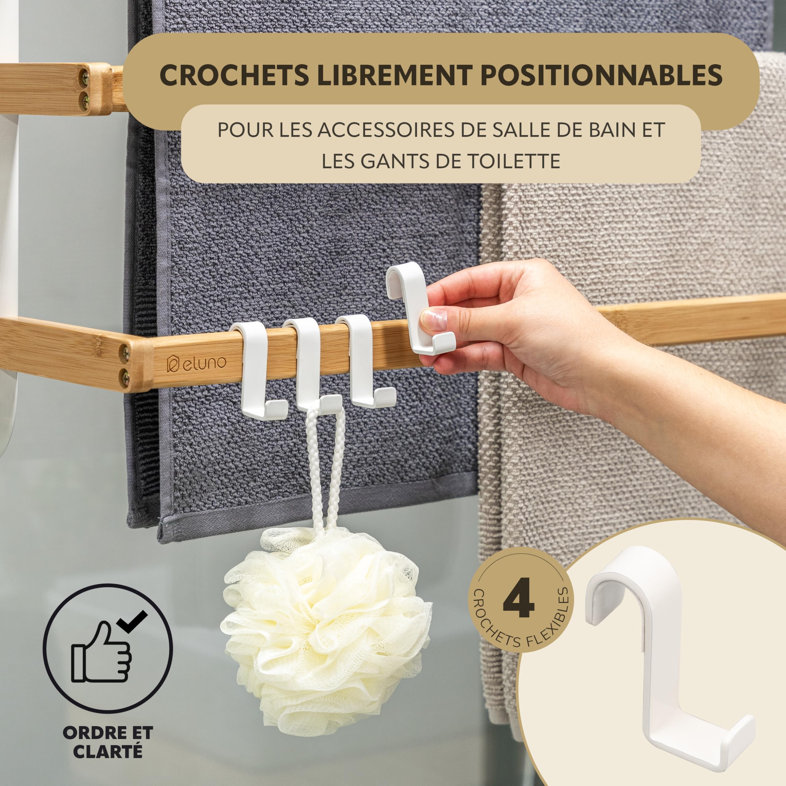 eluno Porte-serviettes pour paroi de douche en verre en métal et bambou, porte-serviettes avec 3 barres, 4 crochets pratiques, à suspendre sans perçage, blanc